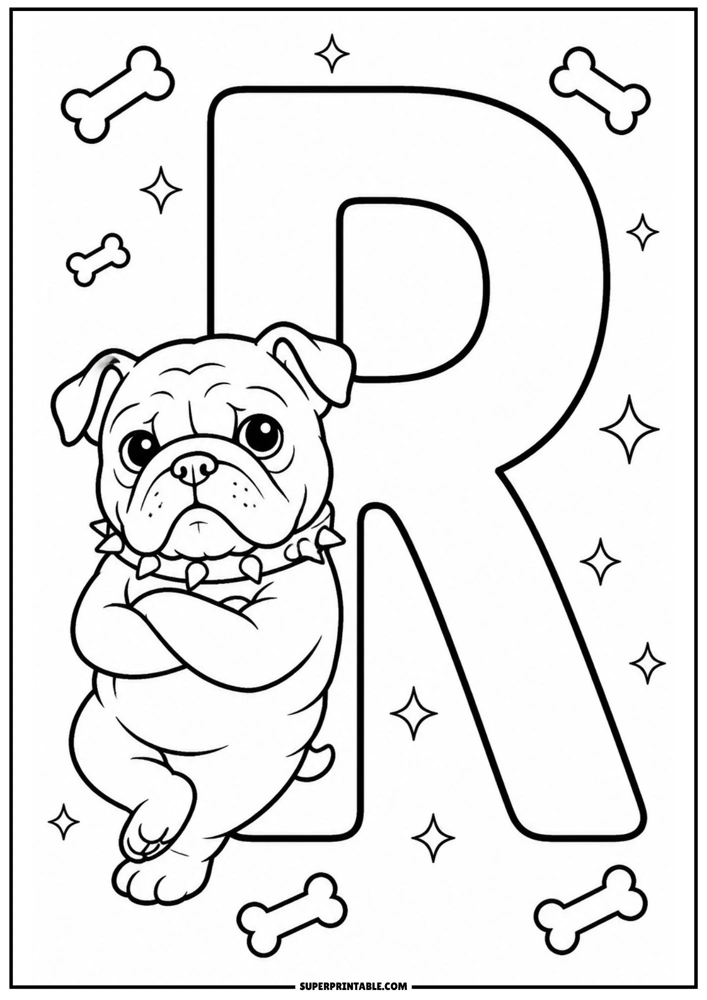 Cool English bulldog puppy standing with crossed paws against a large capital letter R with stars.