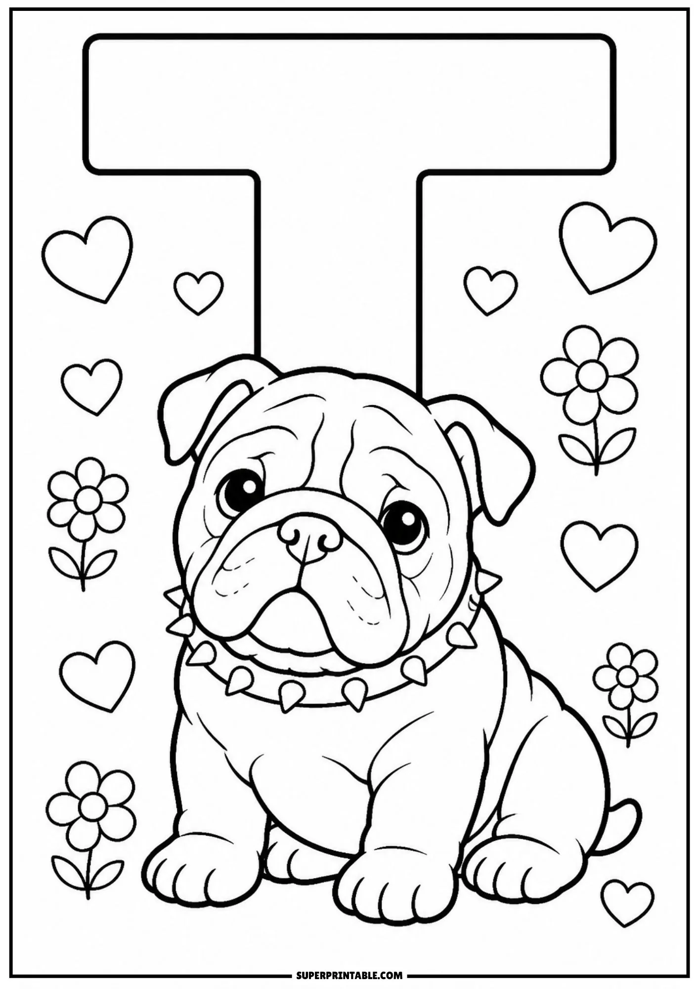 Adorable English bulldog puppy sitting beneath the top bar of a giant capital letter T with hearts.