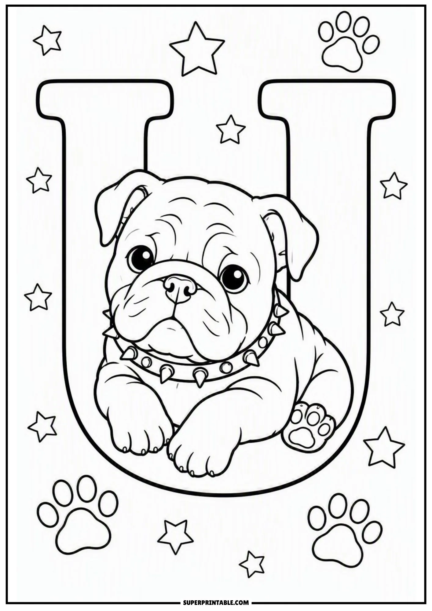 Charming English bulldog puppy lying comfortably inside a giant capital letter U with star accents.