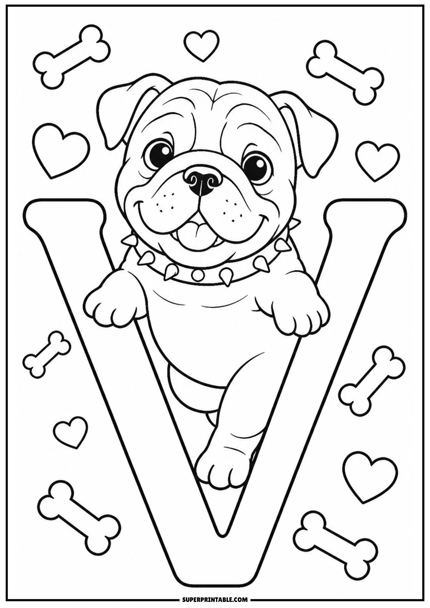 Happy English bulldog puppy popping out of a large capital letter V framed by bones and hearts.