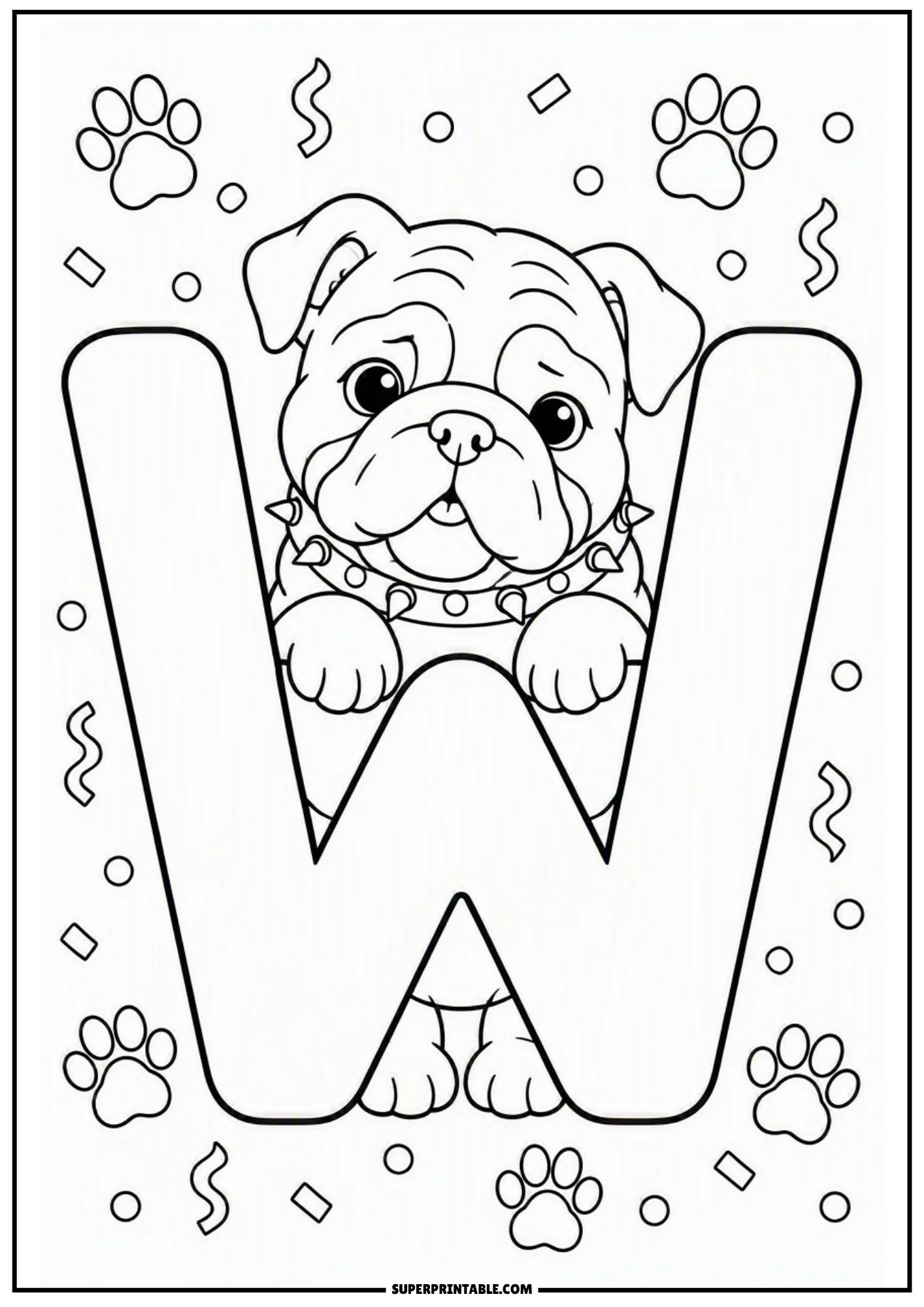 Cute English bulldog puppy looking over the middle peak of a large capital letter W with party confetti.