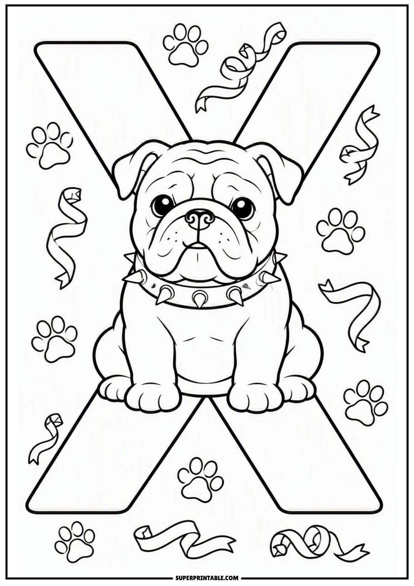Cute English bulldog puppy sitting proudly at the center of a large capital letter X with ribbons.