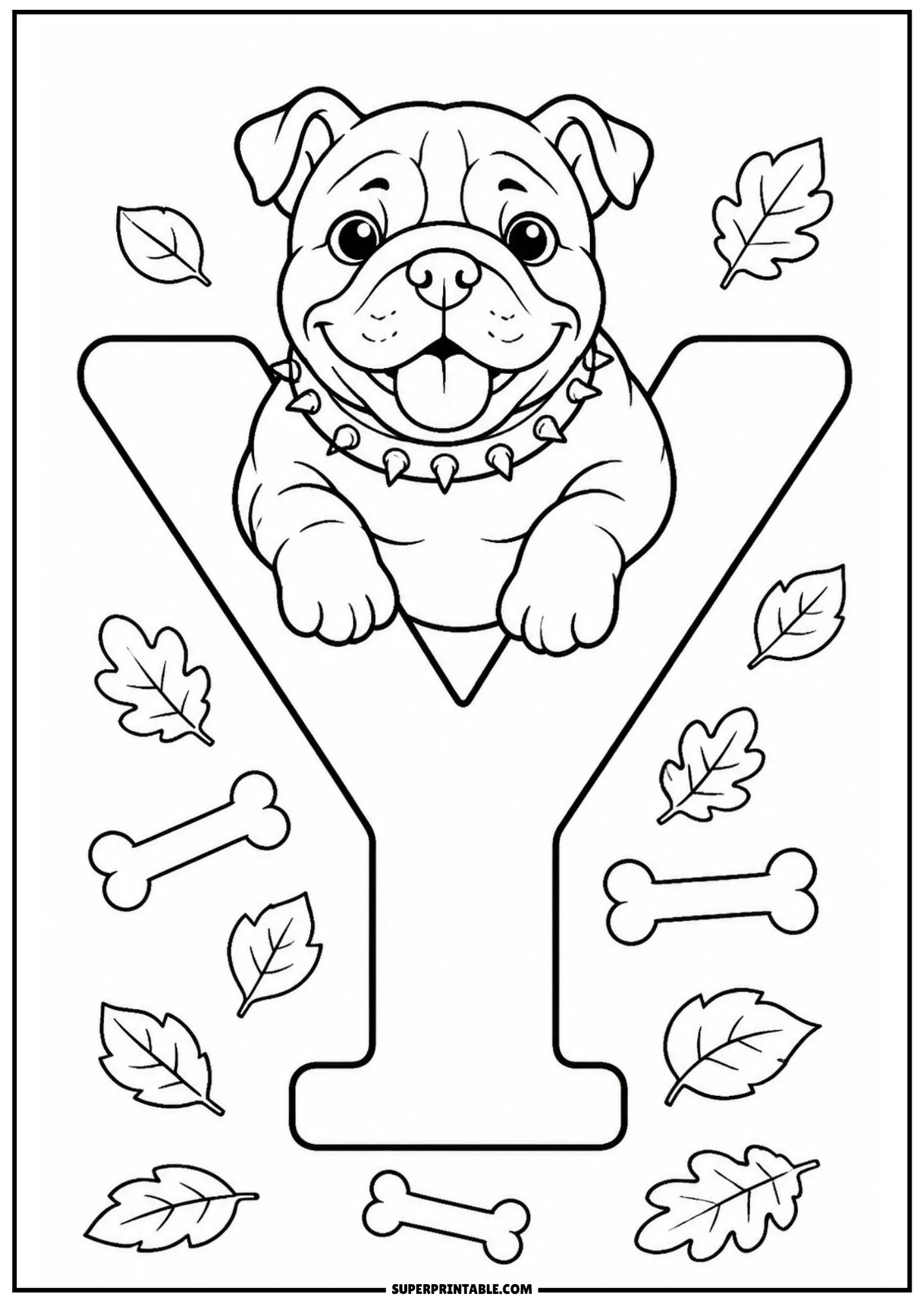 Friendly English bulldog puppy sitting inside the top fork of a large letter Y with oak leaves.