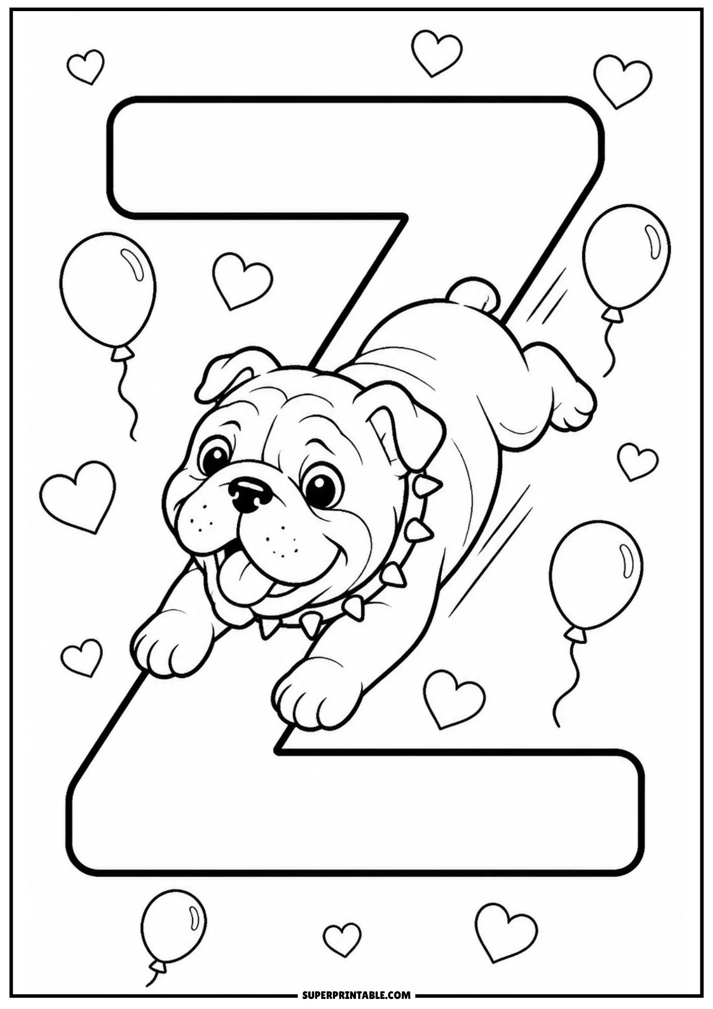 Playful English bulldog puppy sliding down the diagonal of a large capital letter Z with balloons.