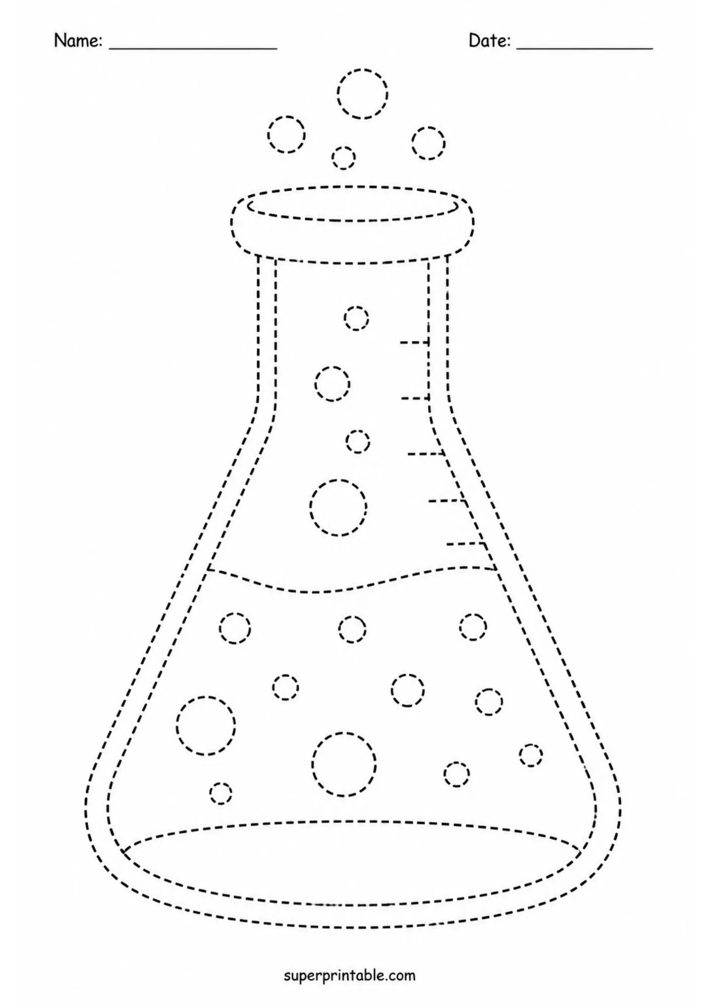 Printable tracing worksheet showing a bubbling science Erlenmeyer flask with dashed lines.