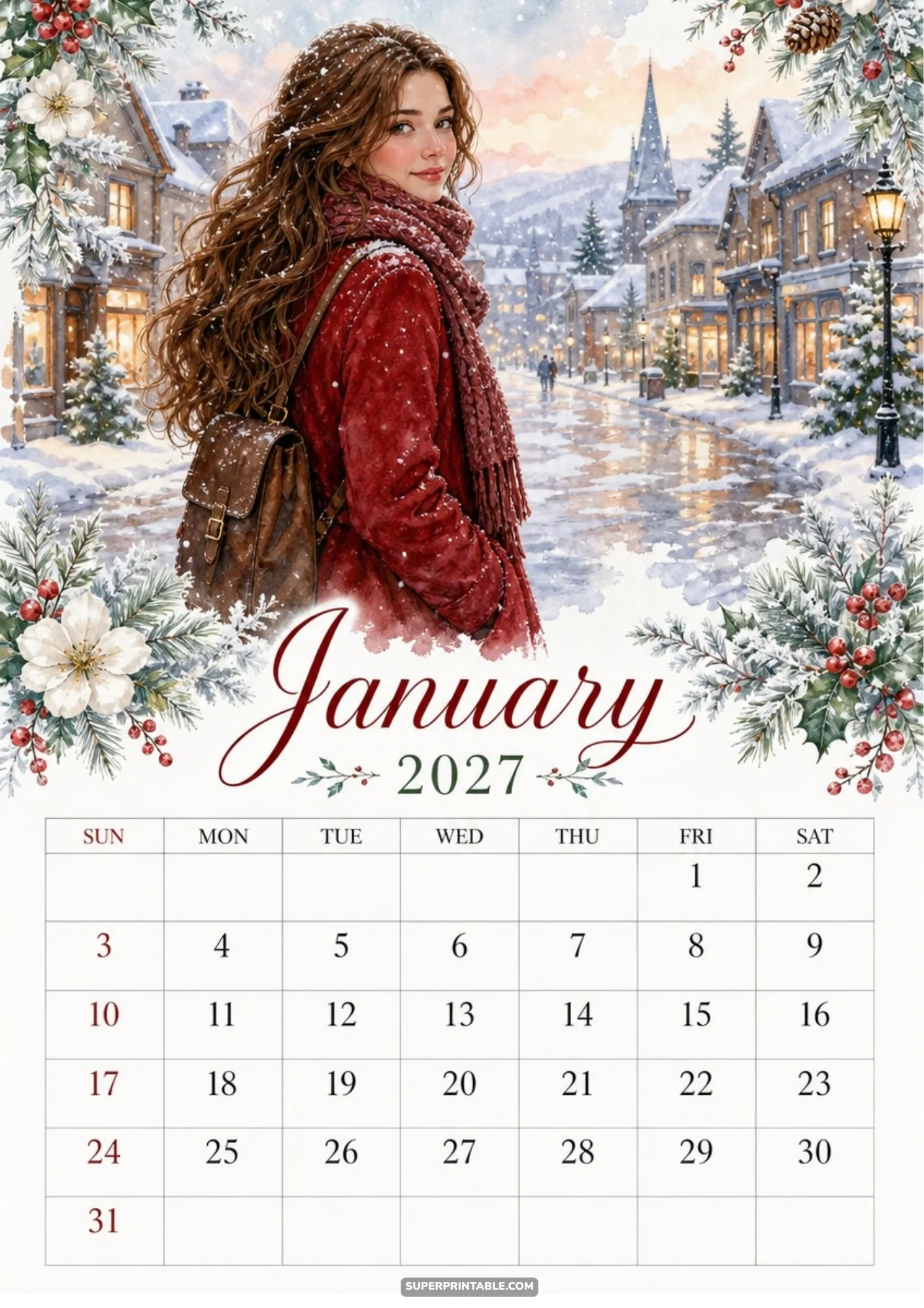 A woman in a red coat and backpack walks down a snowy cobblestone street in a charming European village