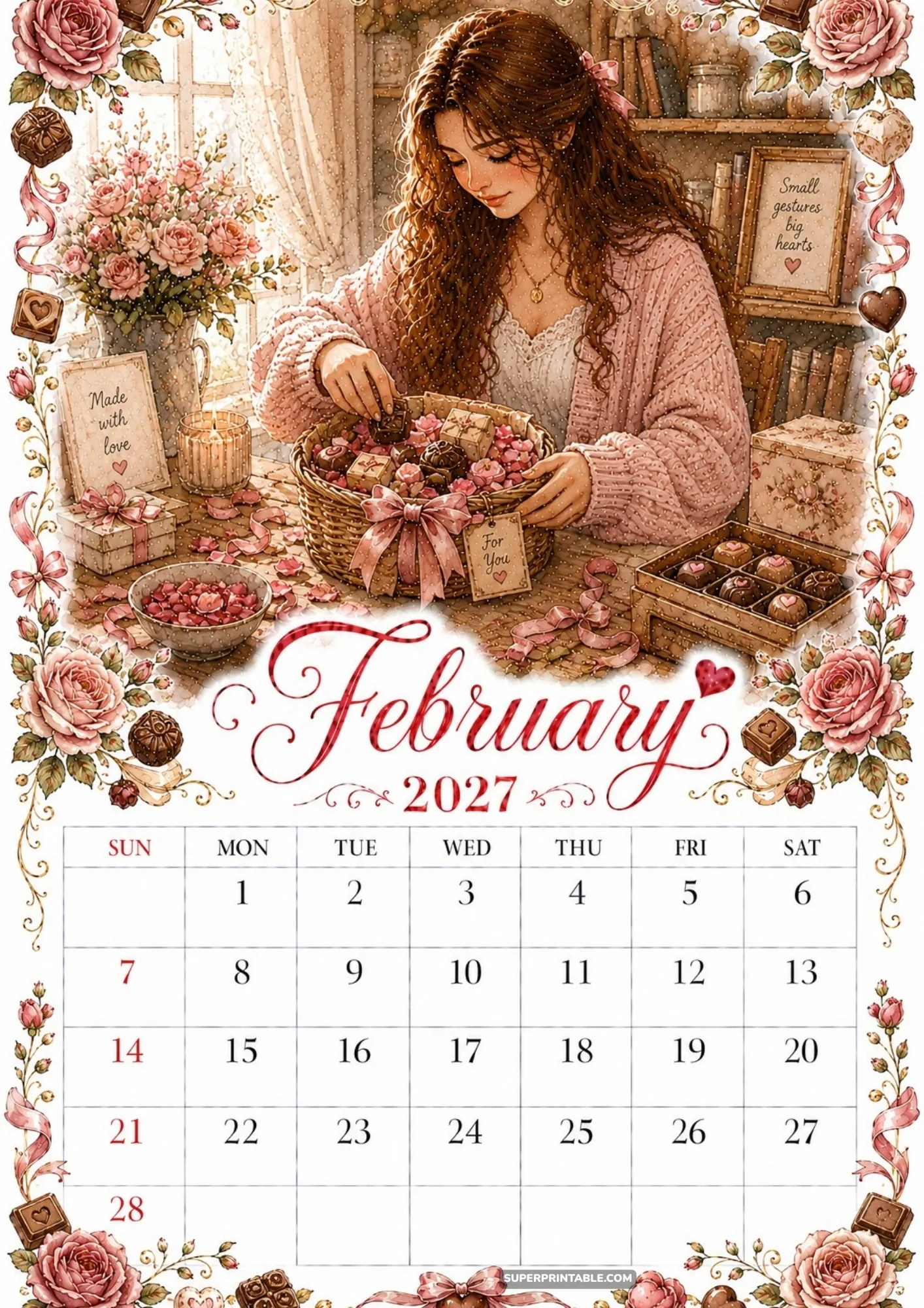 February 2027 monthly calendar featuring hand-assembled gourmet chocolate gift baskets.
