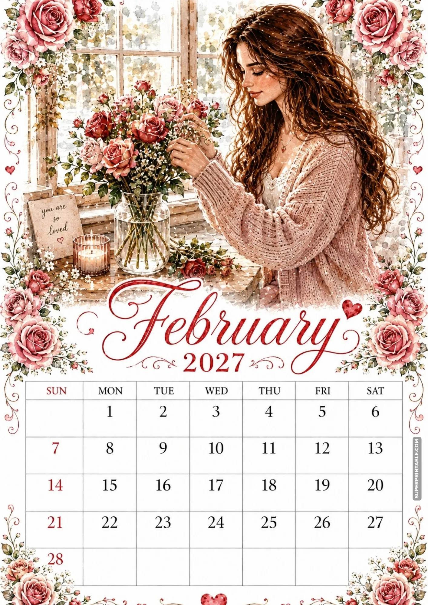 February 2027 monthly planner sheet showing fresh pink roses placed in a glass vase.