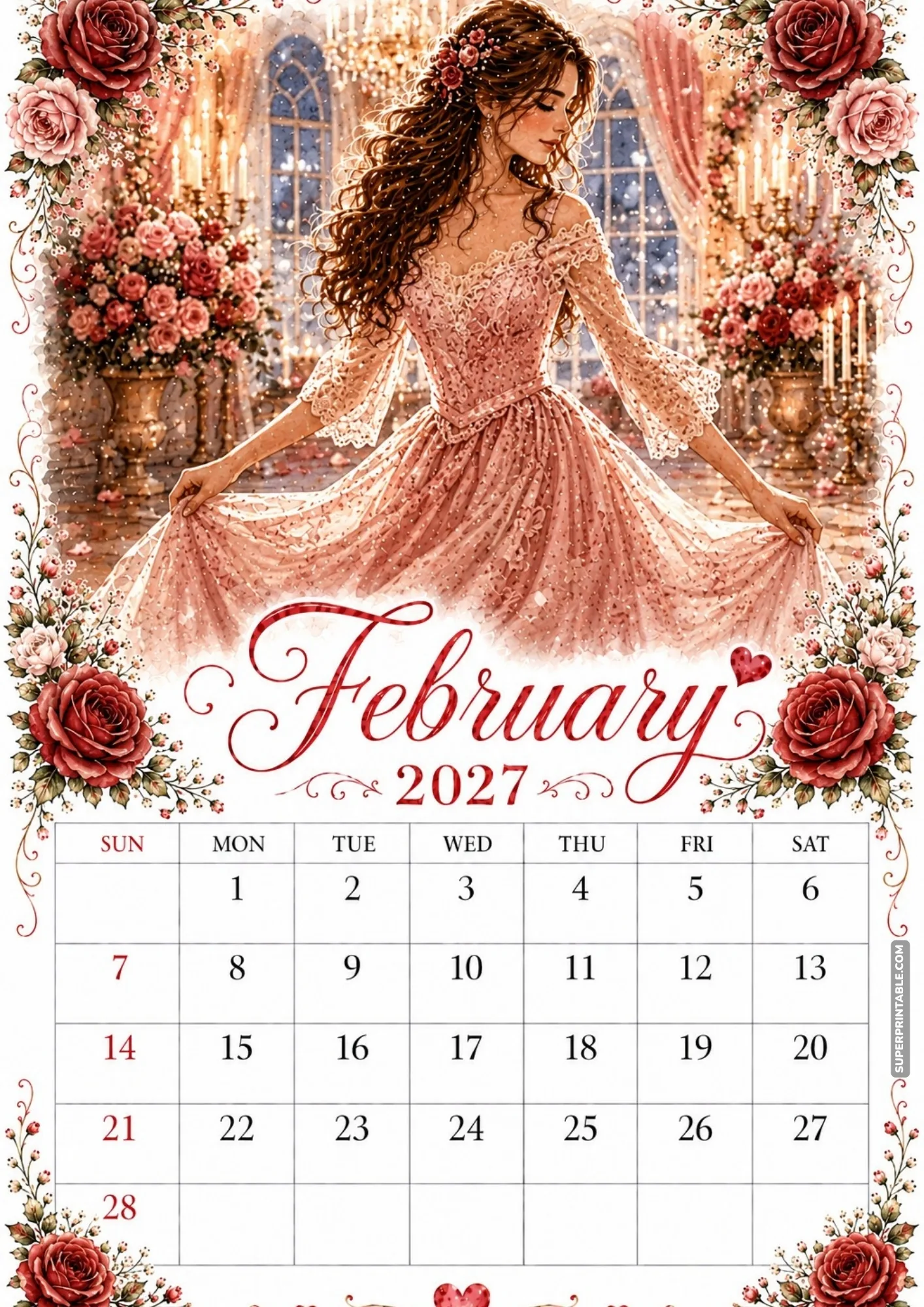 February 2027 monthly calendar illustration of an elegant woman in a flowing pink dress.