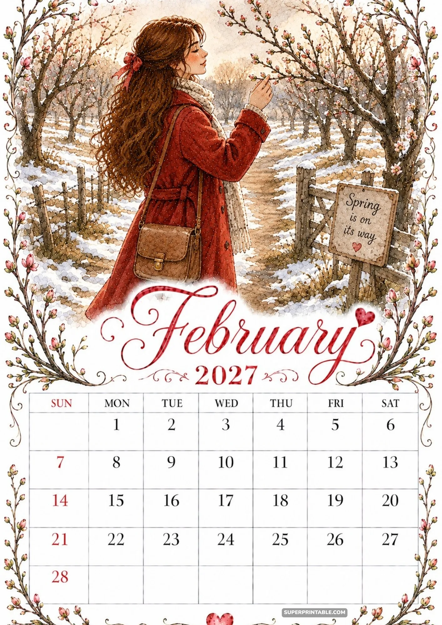 A monthly February 2027 calendar depicting early spring tree blossoms on a snowy path.