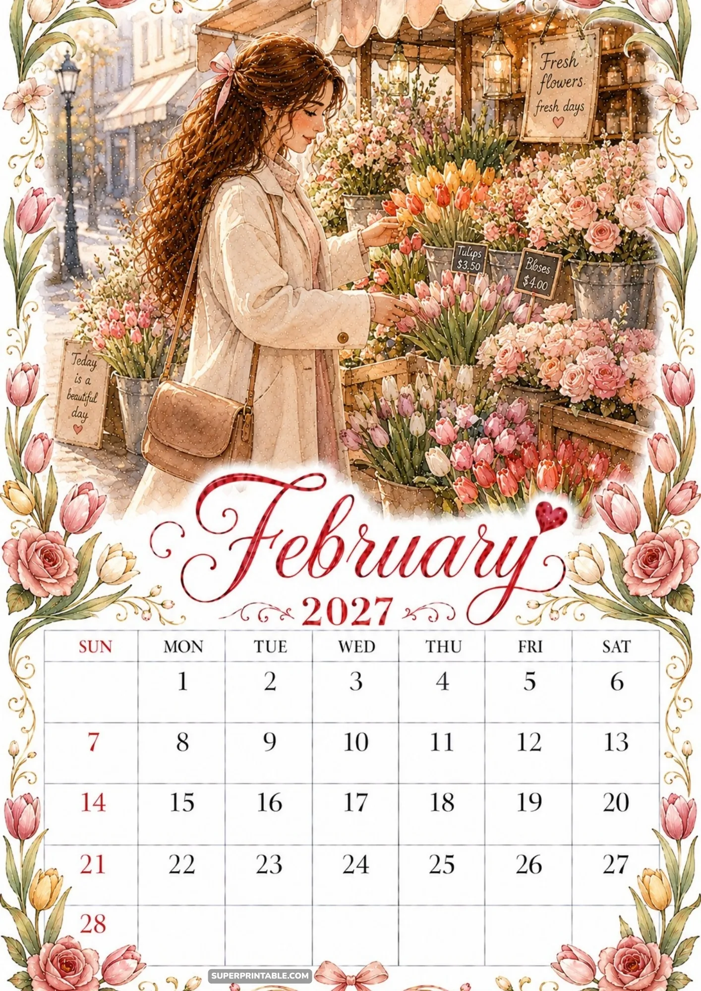 A monthly February 2027 sheet showing an outdoor floral market stall with fresh tulips.