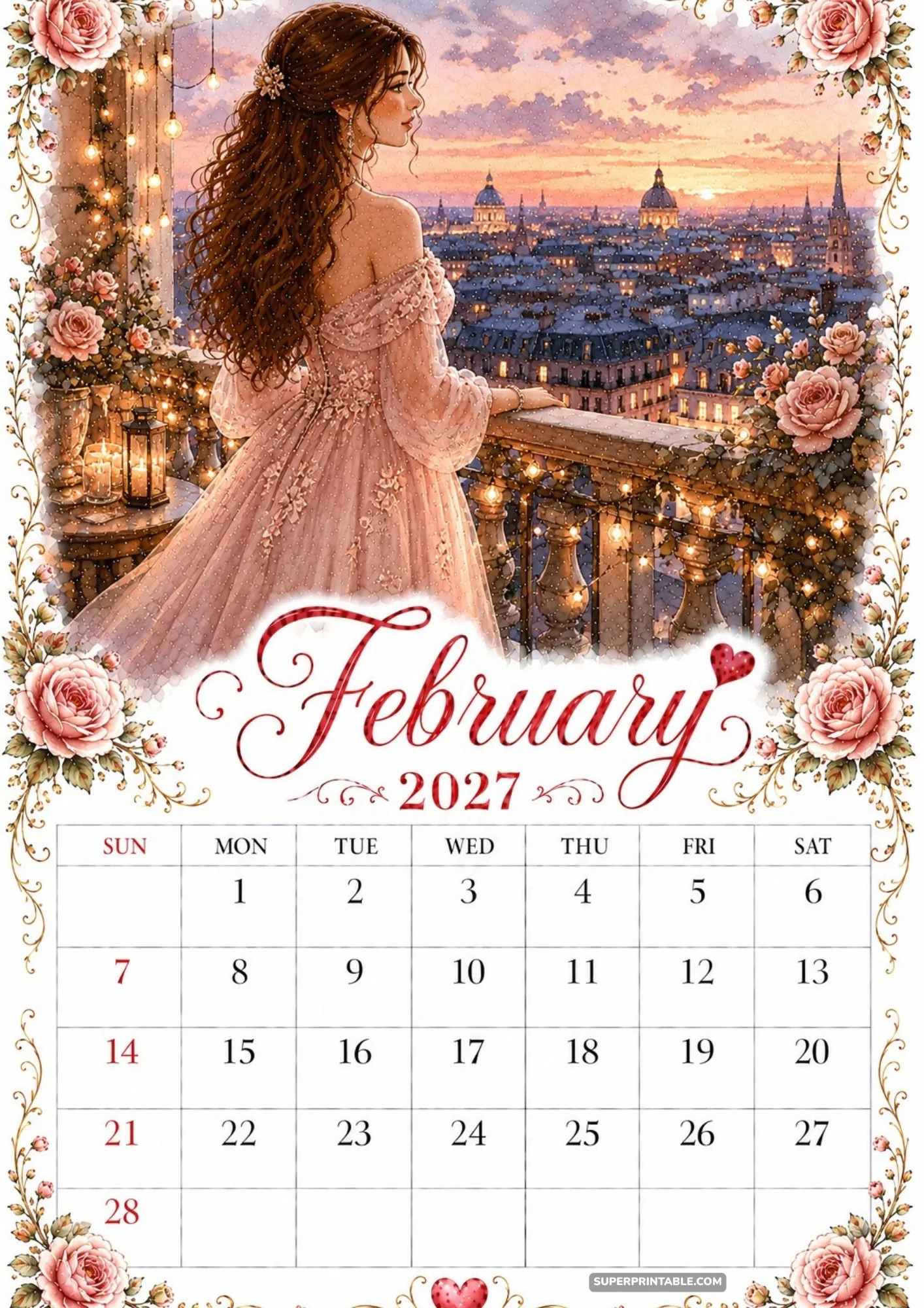 February 2027 calendar layout featuring a sunset European city panorama from a balcony.