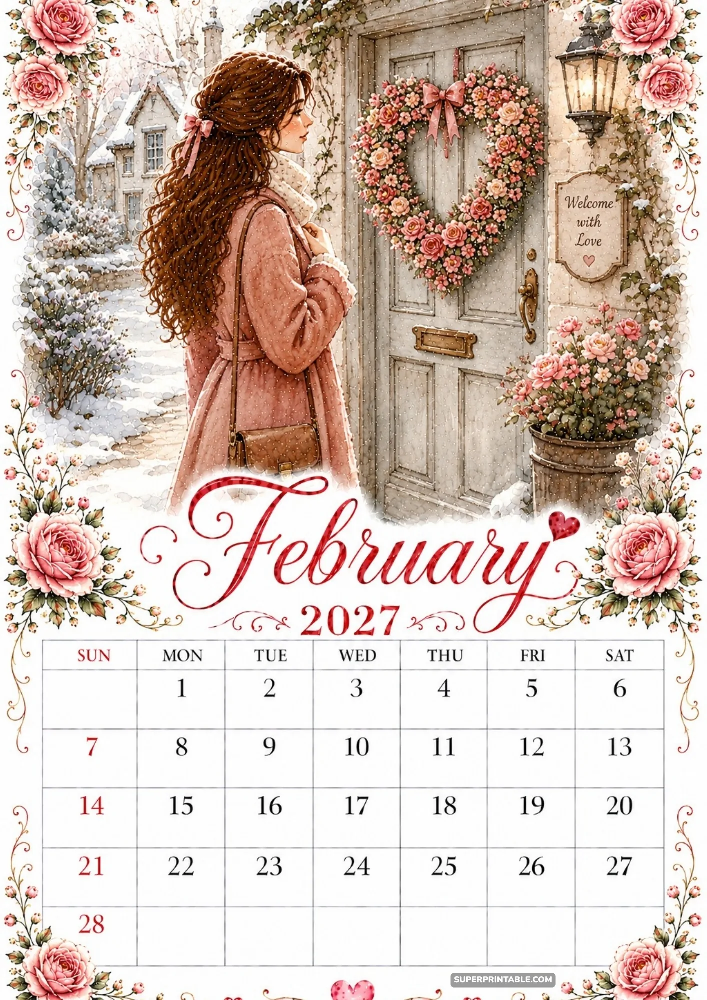 February 2027 calendar design featuring a rose heart wreath on a cozy cottage door.