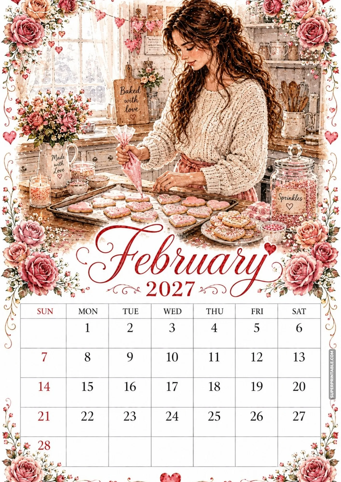A monthly February 2027 calendar page with heart-shaped sugar cookies in a warm kitchen.