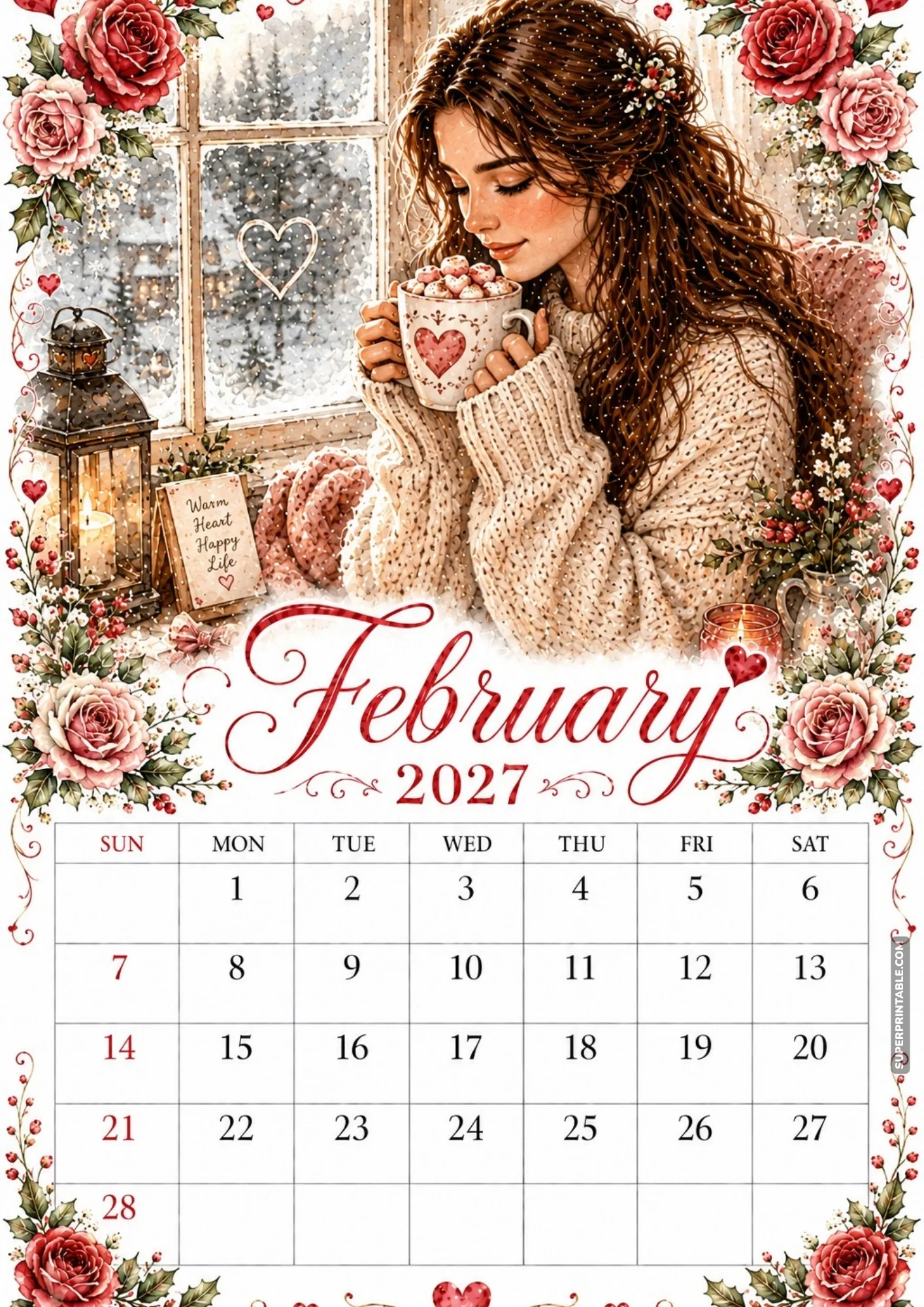 A February 2027 monthly sheet featuring a mug of hot cocoa topped with marshmallows.