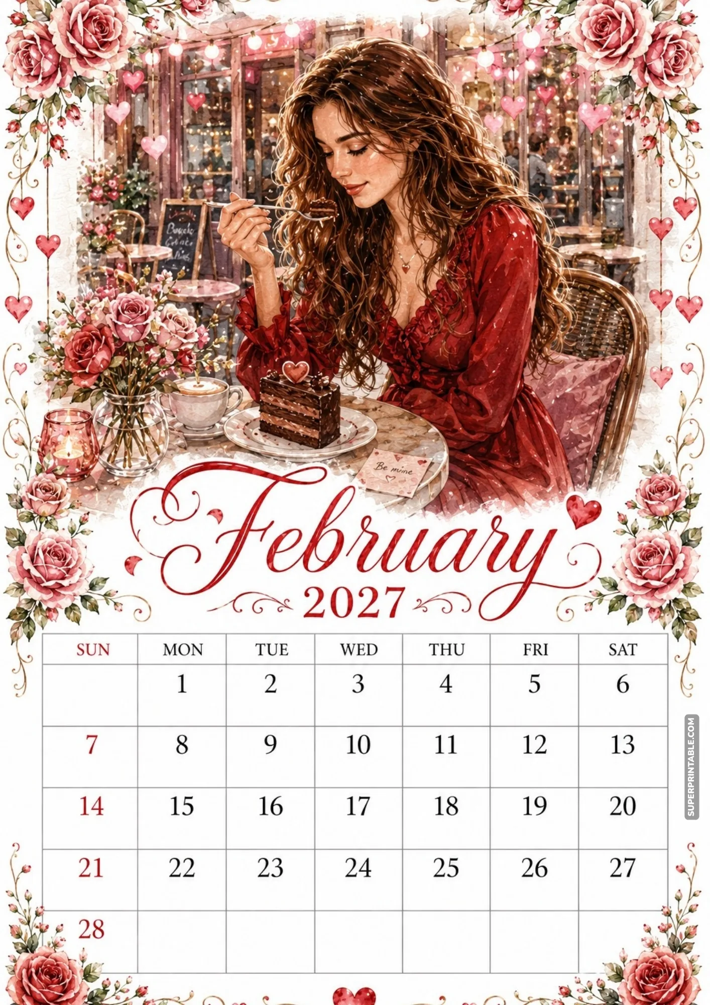 February 2027 calendar layout depicting a cozy cafe moment with coffee and chocolate cake.