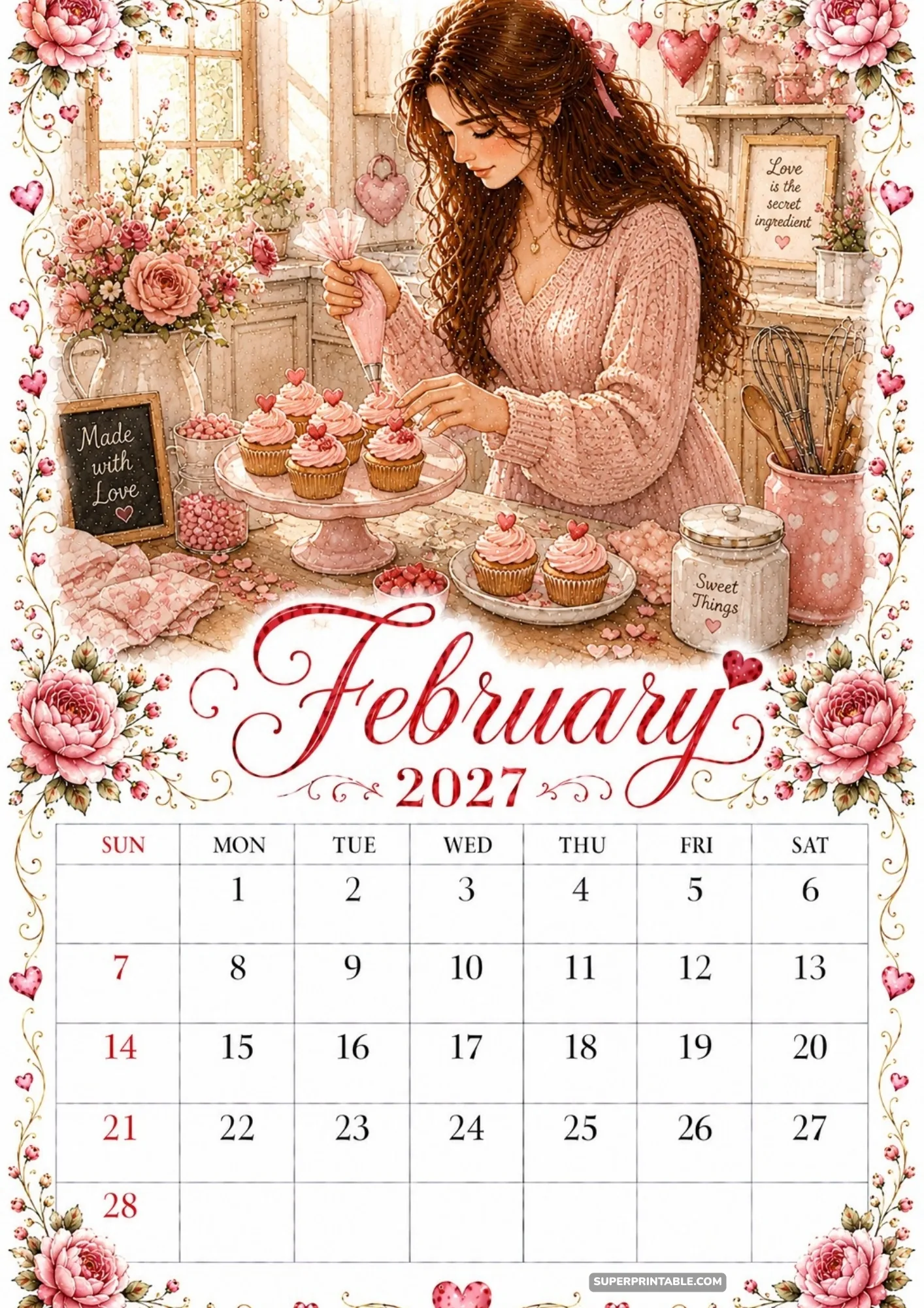 February 2027 calendar template showing pink frosted cupcakes with heart toppers.