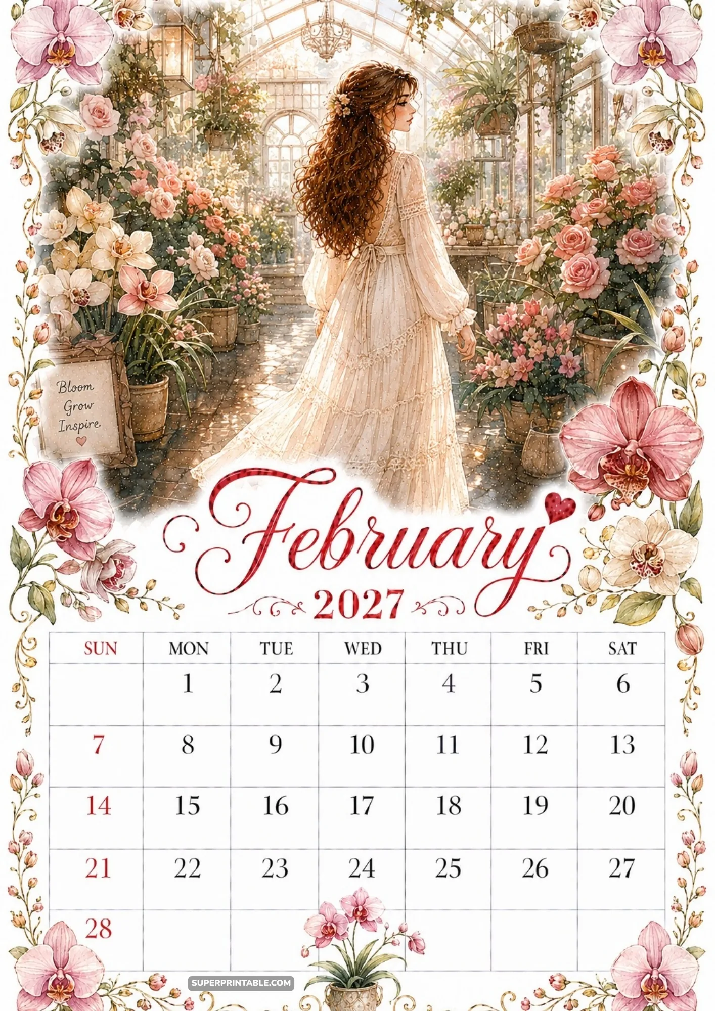 February 2027 calendar layout depicting a lush botanical greenhouse with pink orchids.