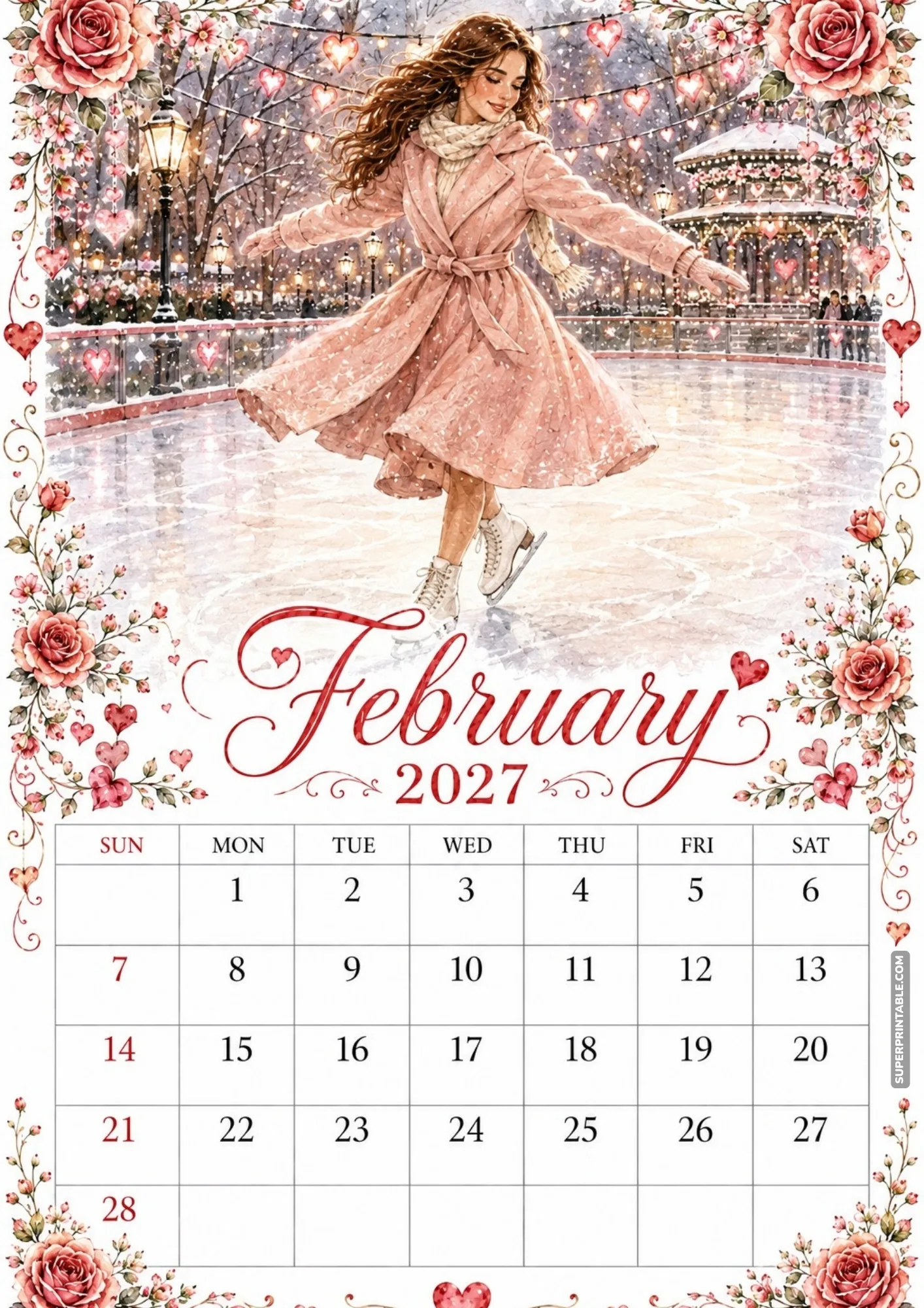 Monthly February 2027 calendar template showcasing a figure skater on an ice rink.