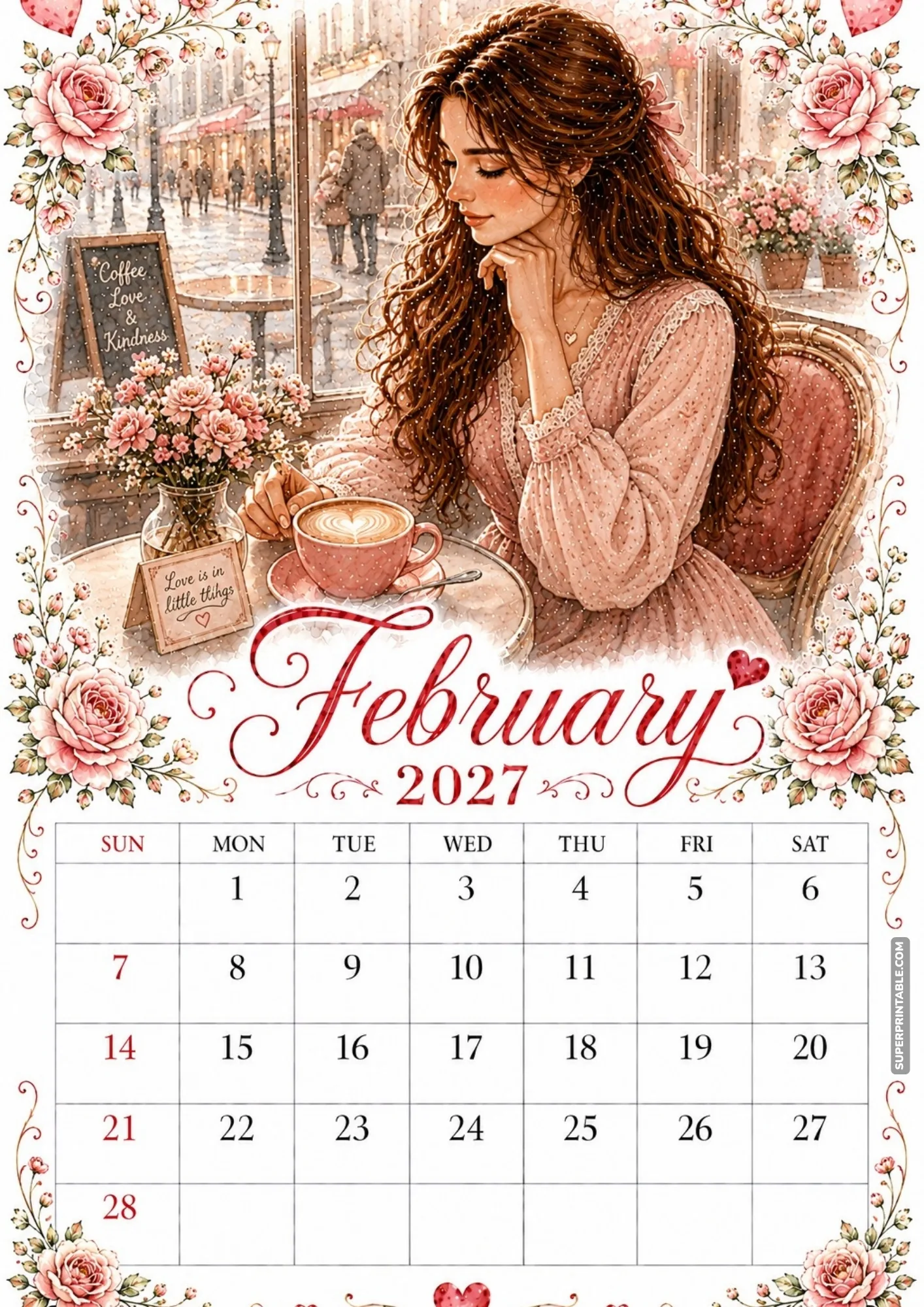 February 2027 calendar sheet depicting a woman relaxing with heart coffee latte art.