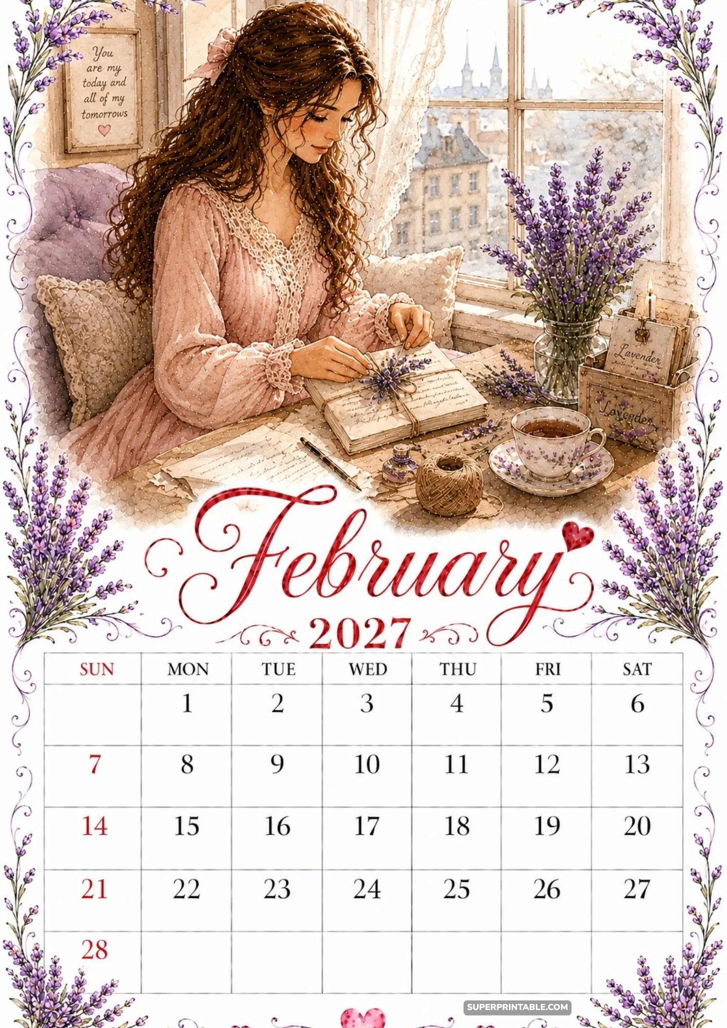 February 2027 monthly calendar sheet decorated with purple lavender sprays and letters.