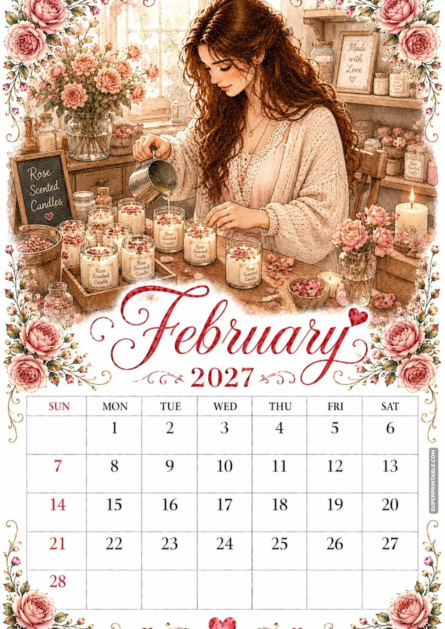 A monthly February 2027 calendar page illustrating candle making with rose petals.