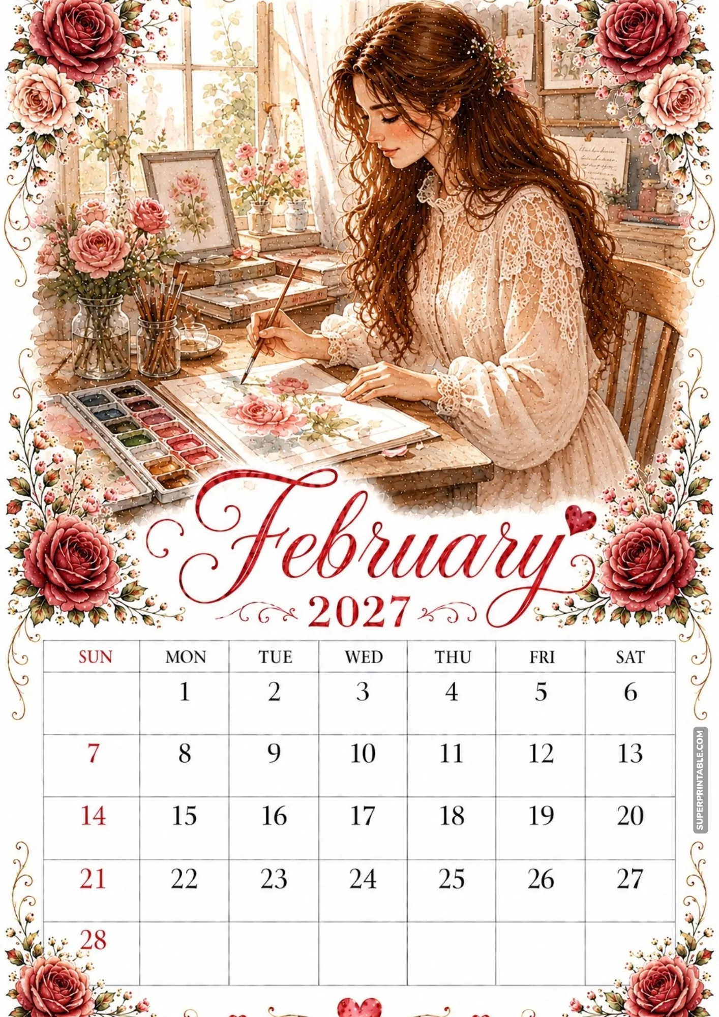February 2027 monthly planner featuring an artist painting pink roses with watercolors.