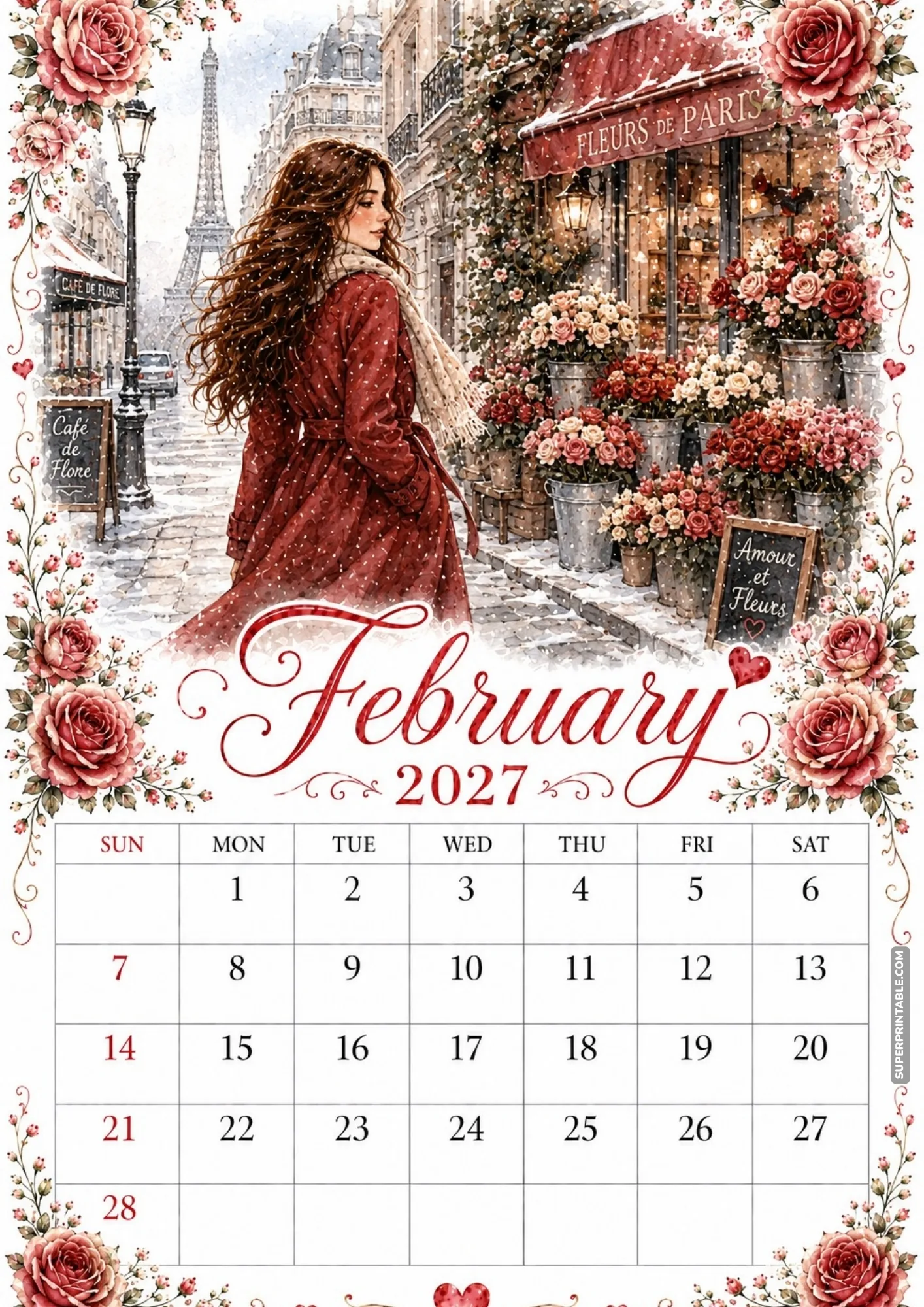 A romantic February 2027 calendar page illustrating a Parisian flower market under snow.