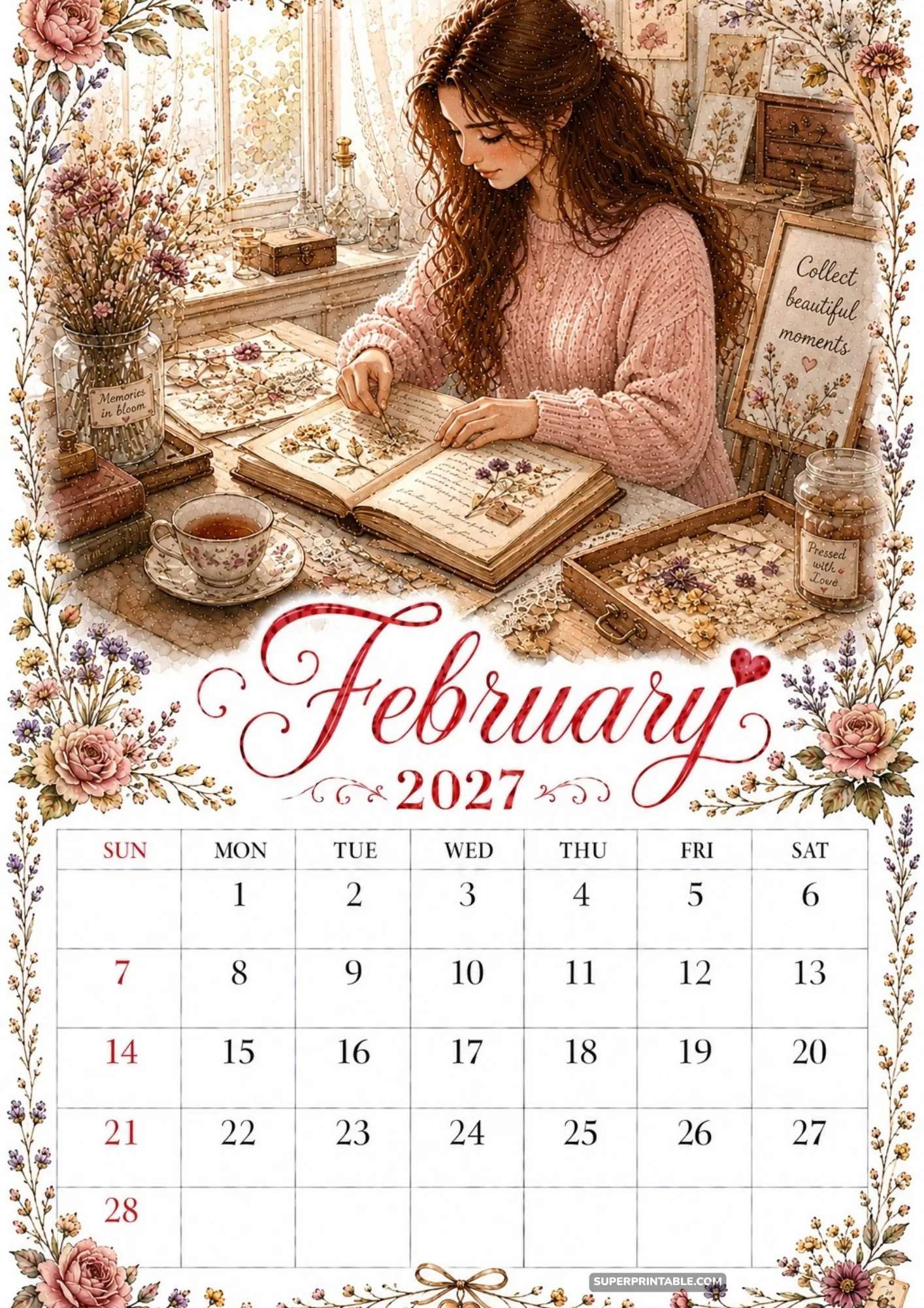 February 2027 calendar sheet showing a craft setup for pressing dried flowers in a book.