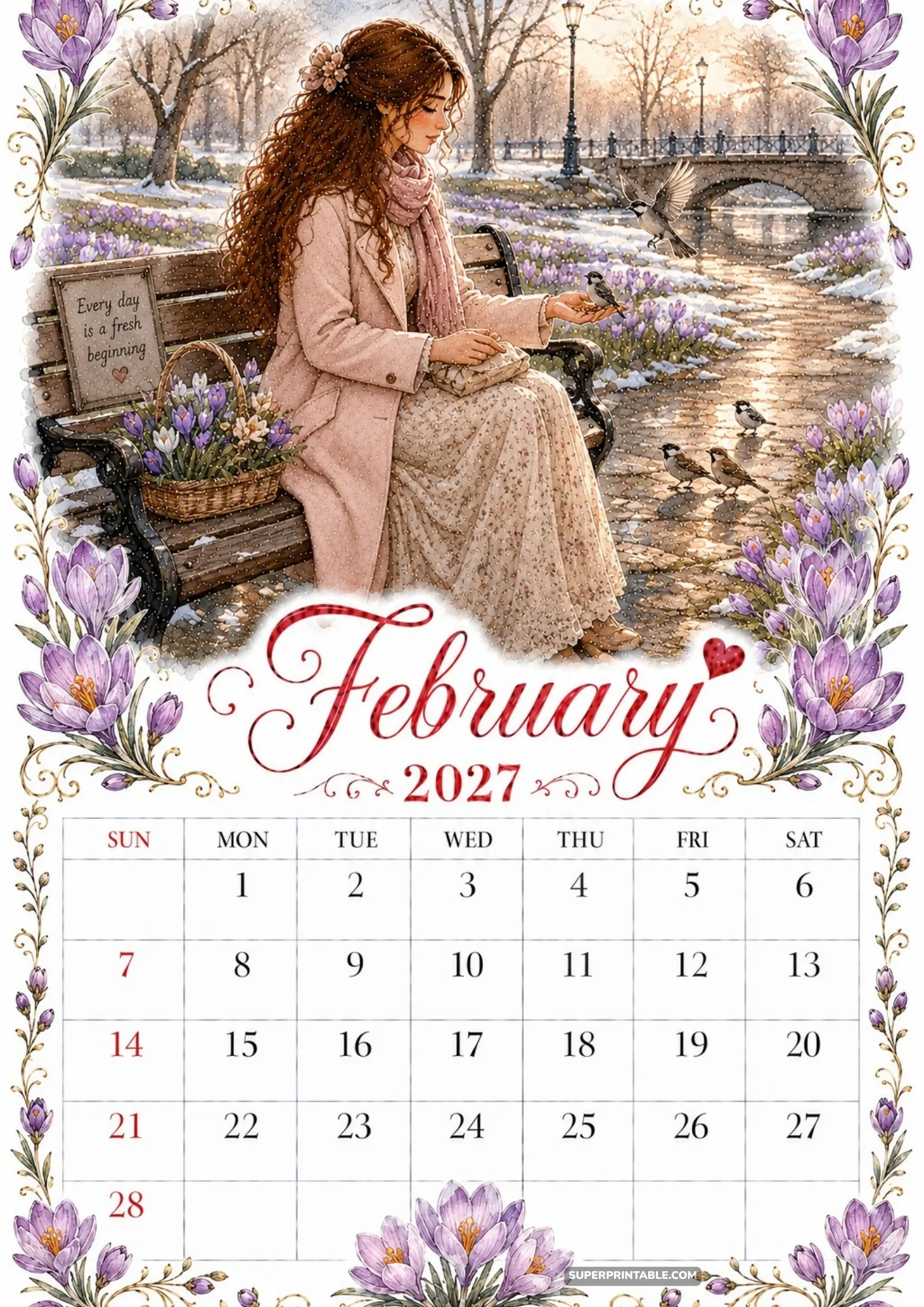 February 2027 calendar printable design with a woman feeding birds on a park bench.