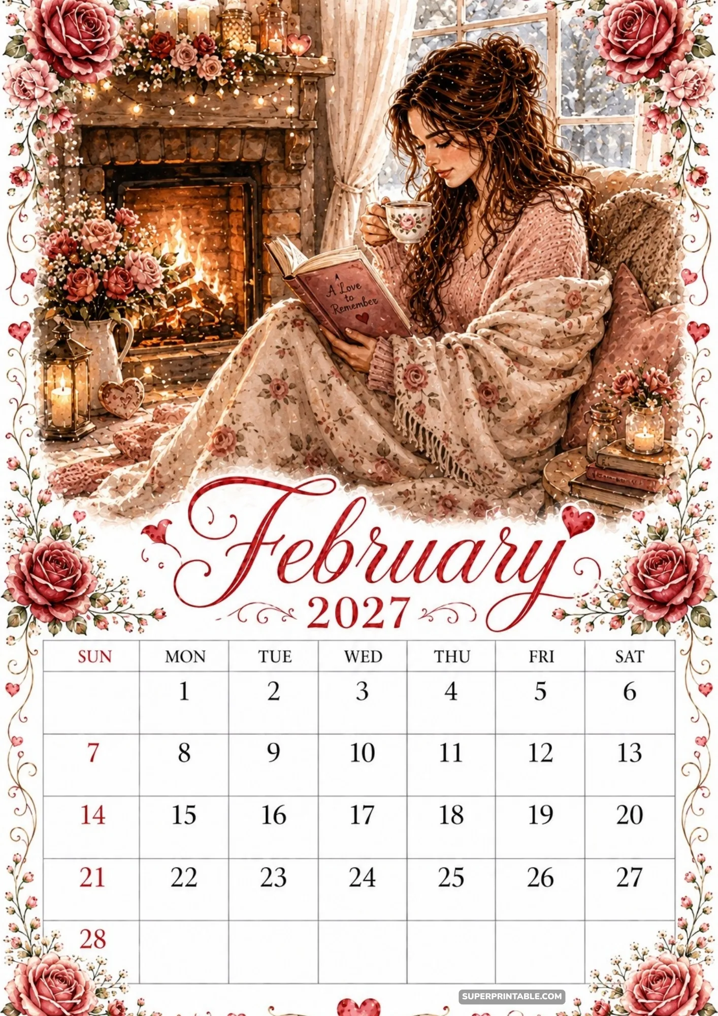 February 2027 calendar page illustration featuring a cozy reader by a crackling fireplace.