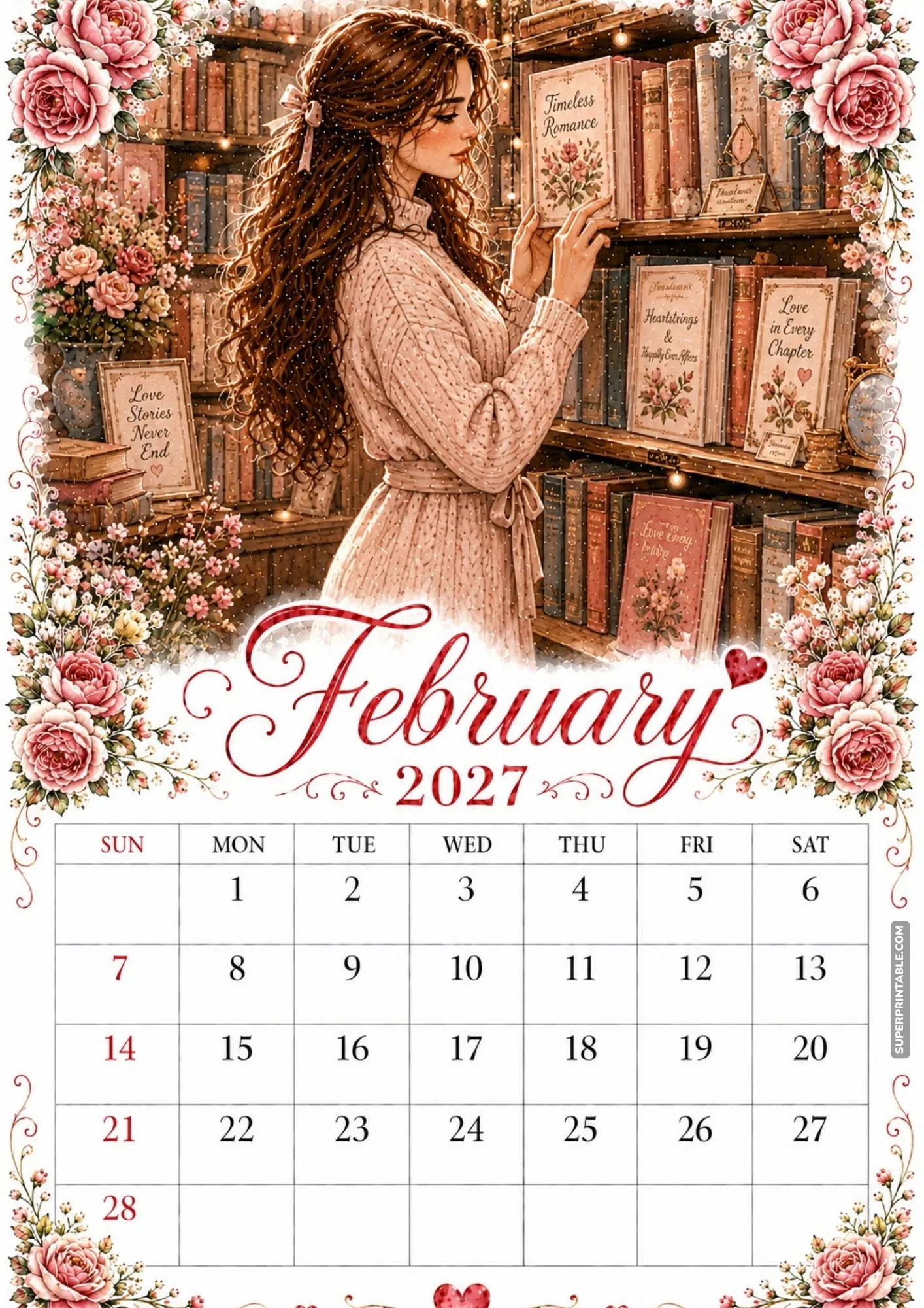 A February 2027 planner layout featuring a woman inspecting books in a warm library.