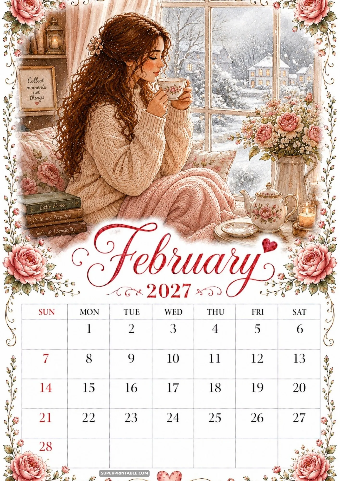 February 2027 calendar page with a cup of tea and classic literature by a snowy window.