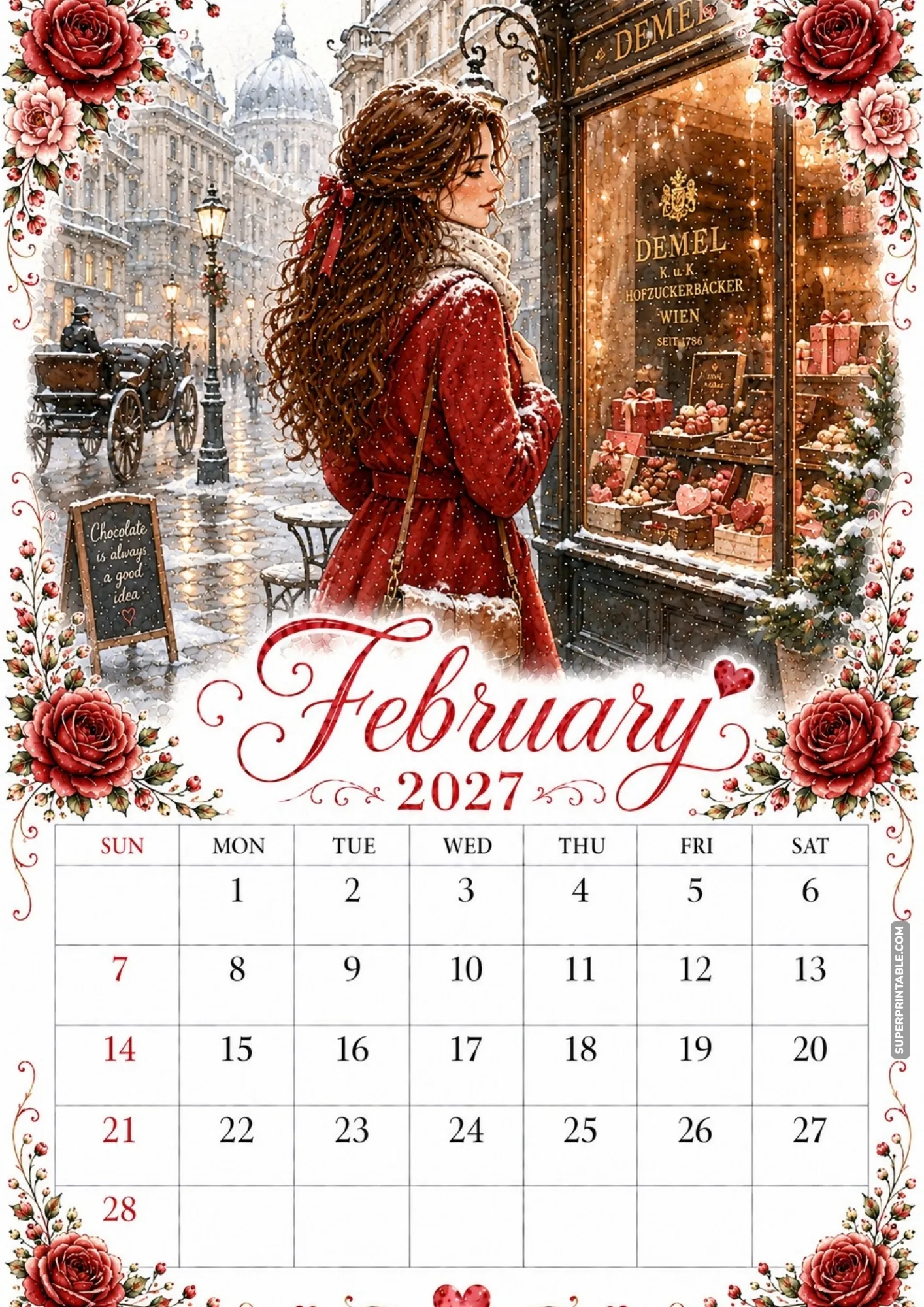 February 2027 calendar template showing a classic European bakery display on a winter day.