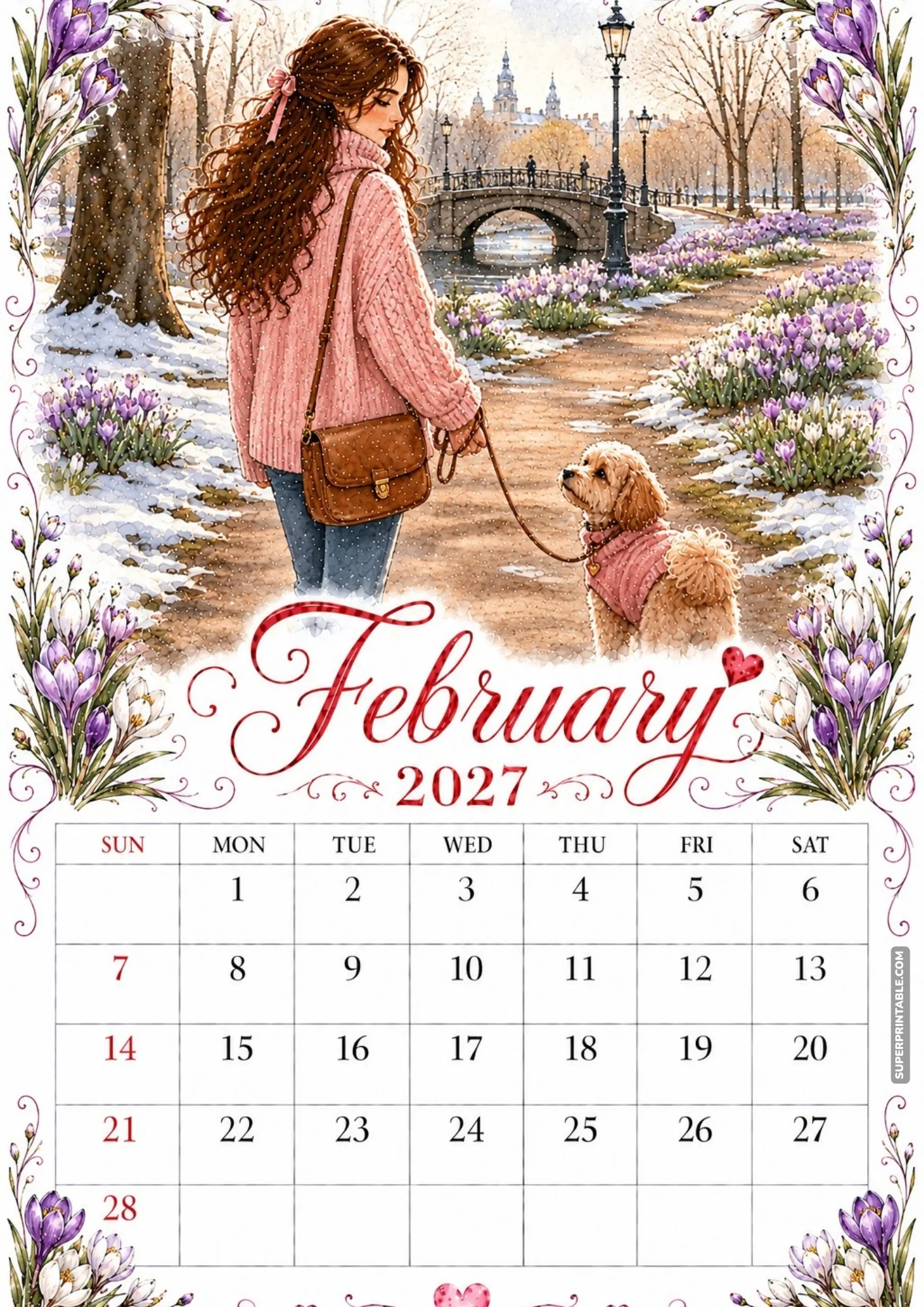 February 2027 calendar layout with a woman walking her cute dog in a purple crocus park.