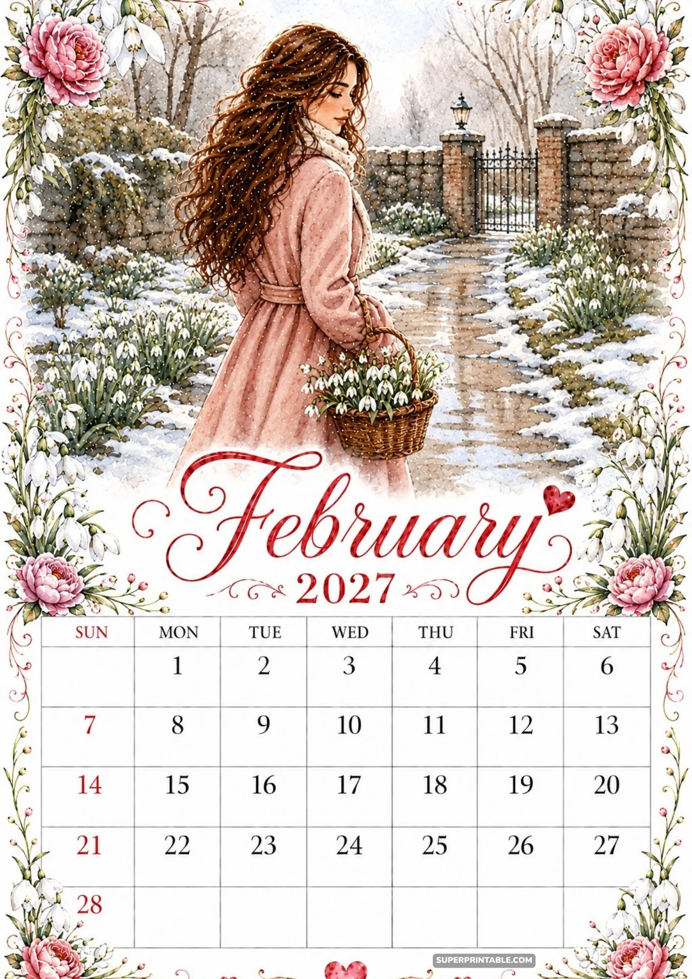 February 2027 calendar design showing a woman walking through a blooming snowdrop pathway.