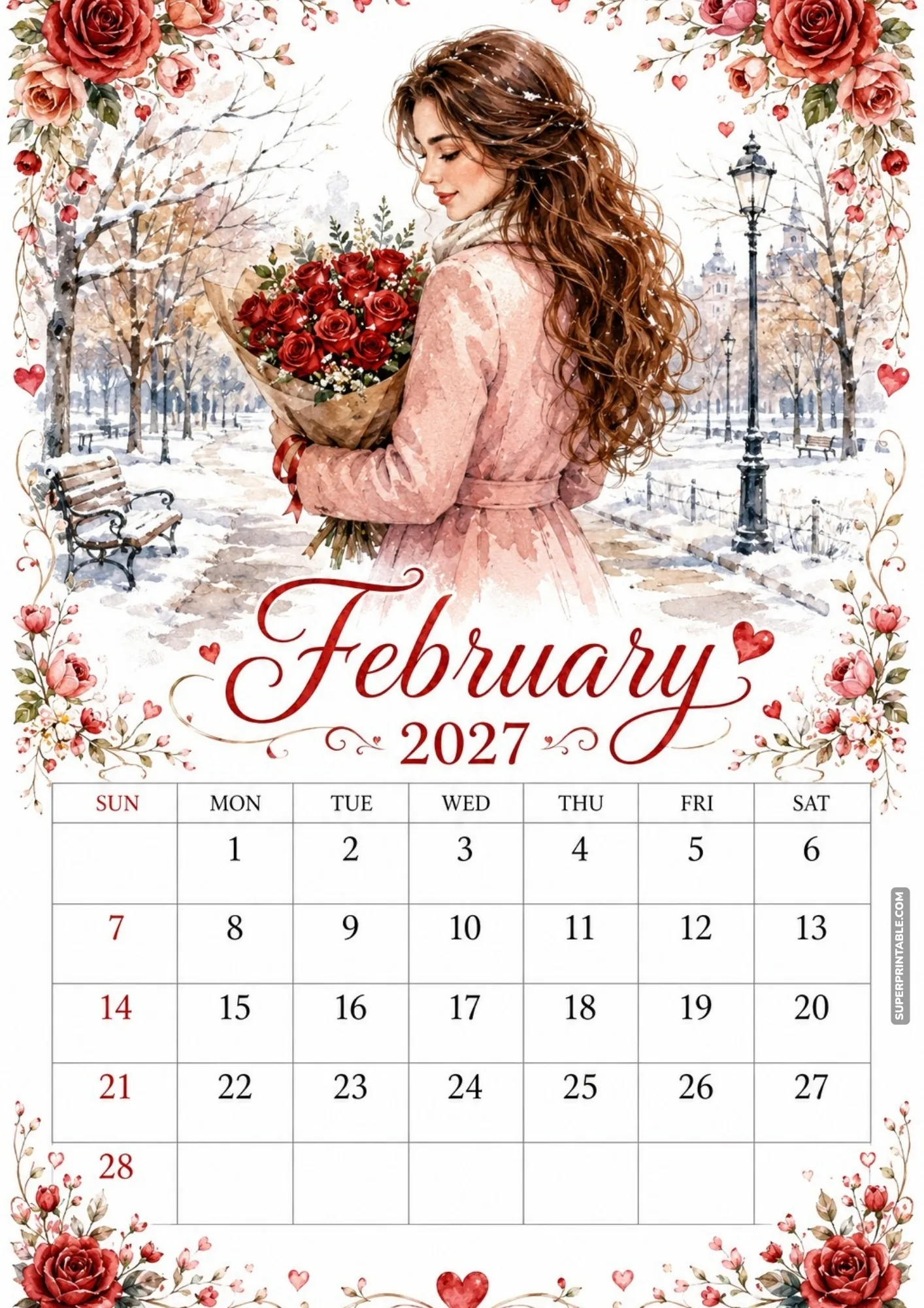 February 2027 calendar printable featuring a cozy winter park scene with red roses.