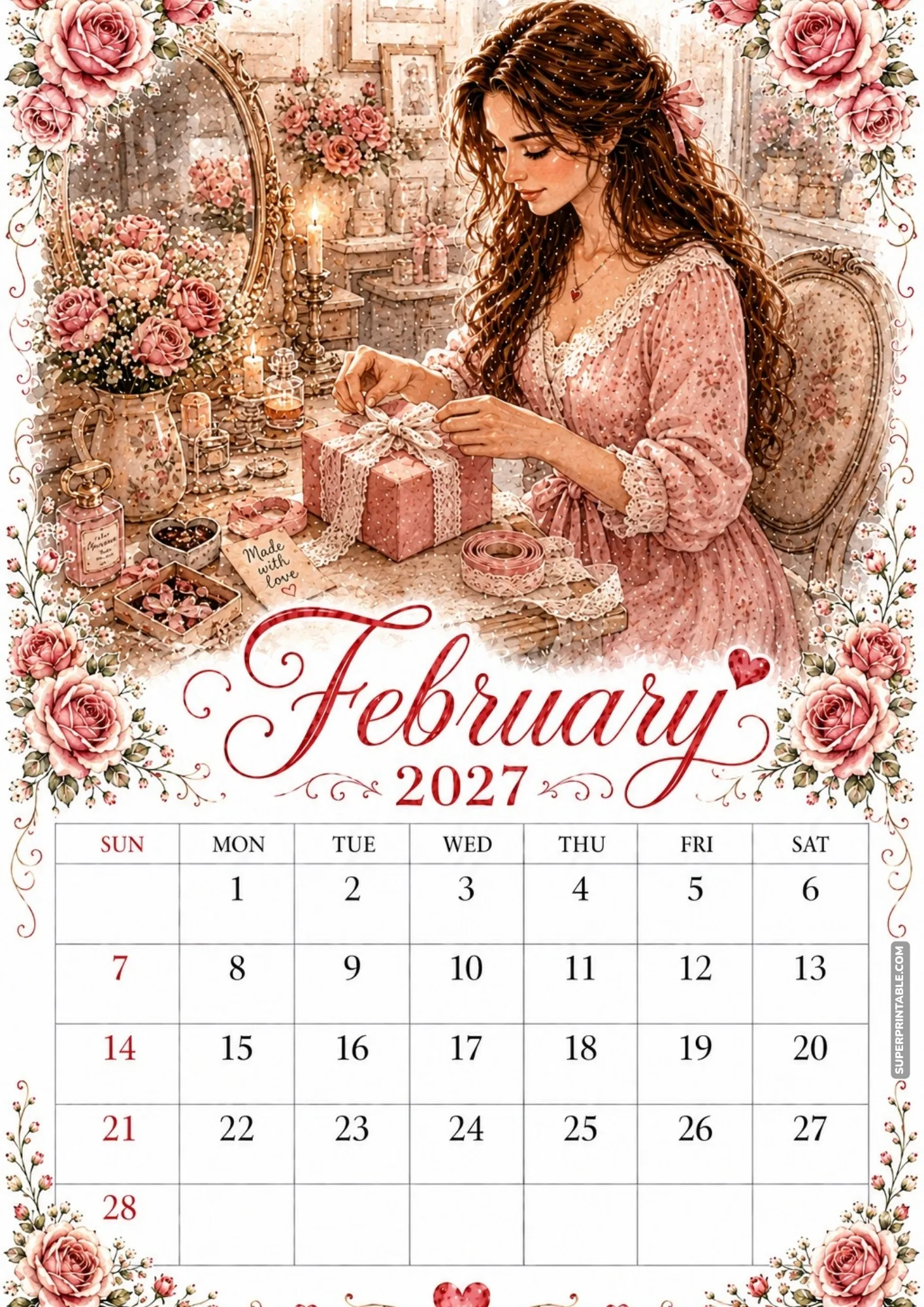 February 2027 calendar template of a woman wrapping a patterned pink present with lace.
