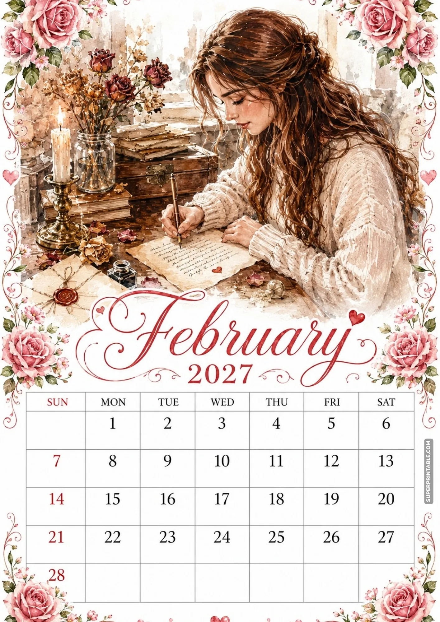 February 2027 calendar page with a woman writing a romantic letter by cozy candlelight.