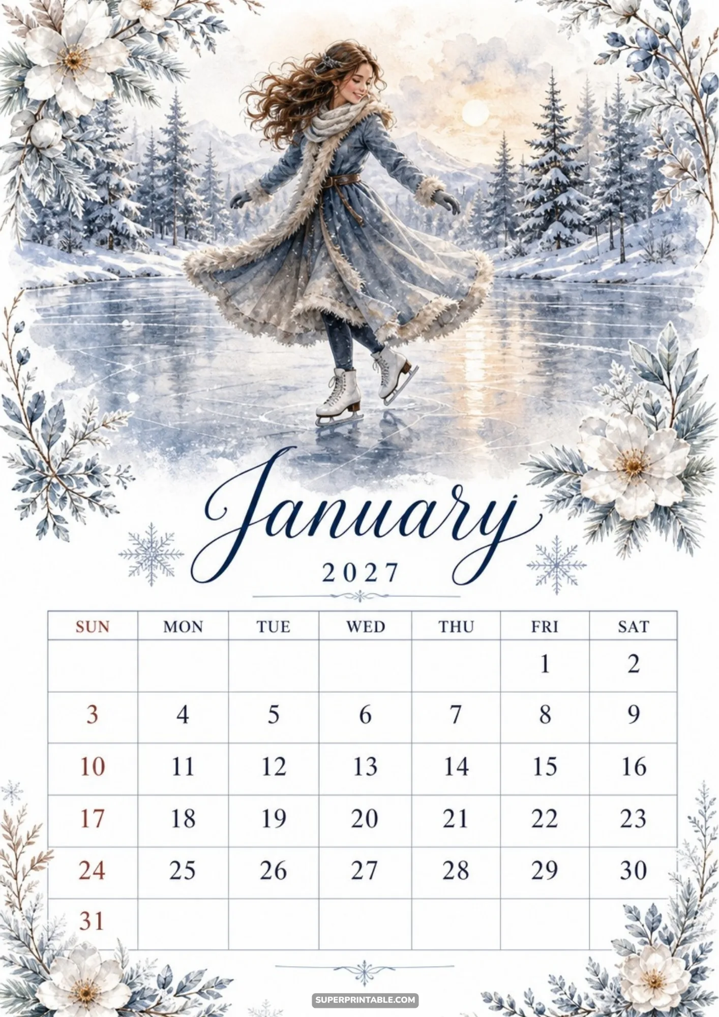 A woman in a blue coat glides gracefully on white ice skates in this January 2027 calendar printable sheet