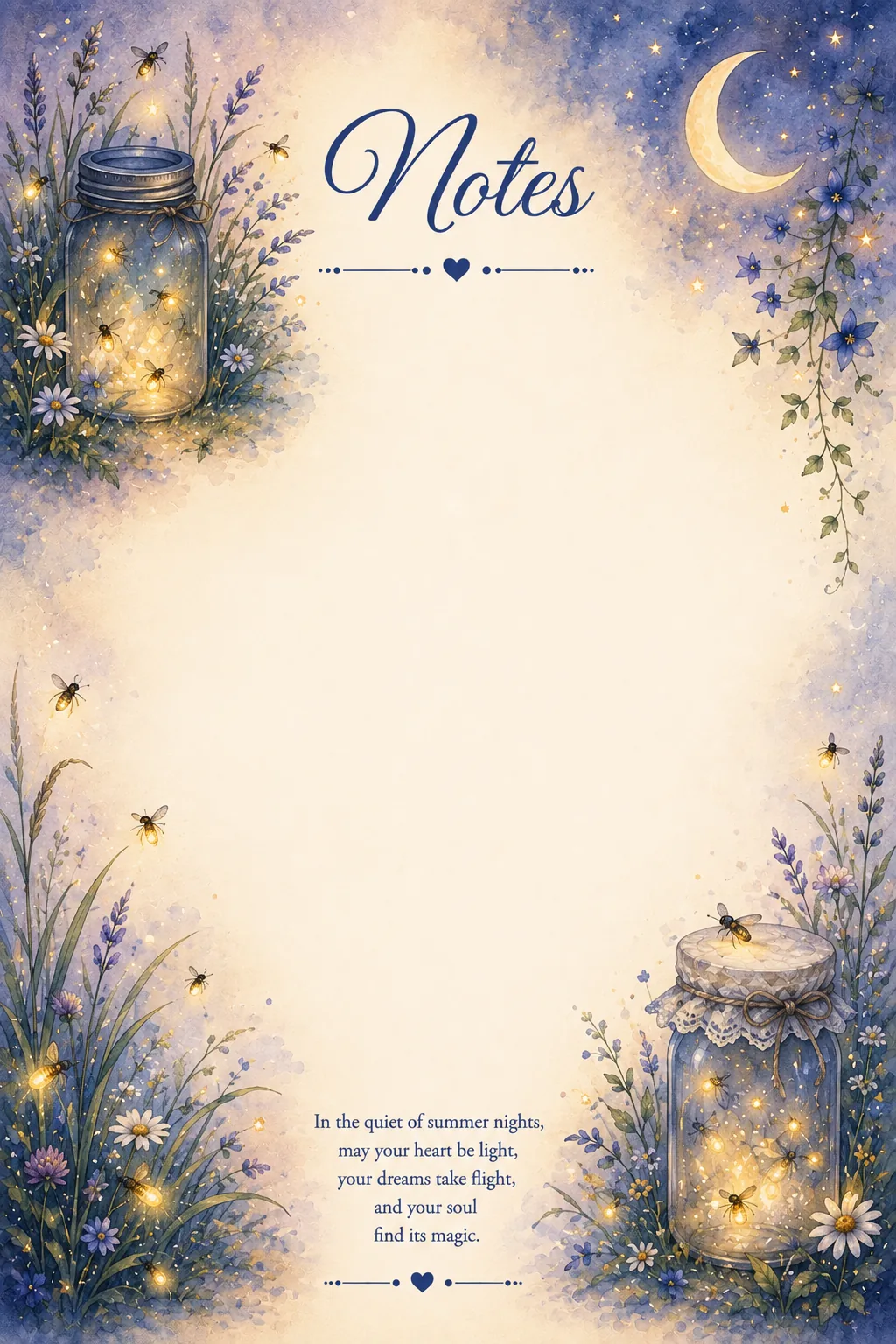 Fireflies, glowing jars, moon and wildflowers framing a dreamy printable notes page.