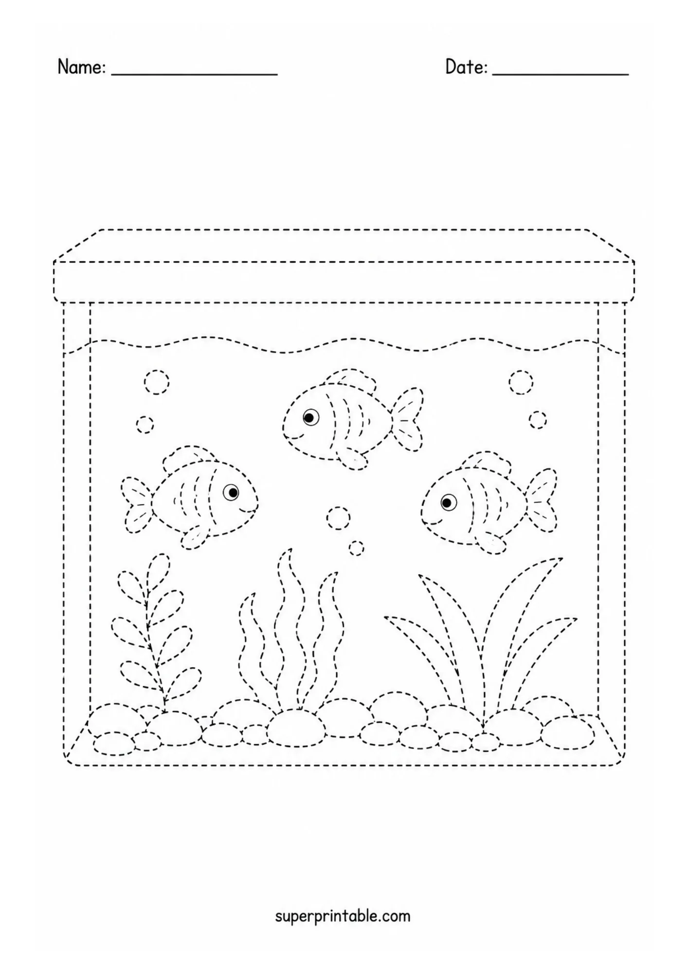 Printable aquarium fish tank tracing sheet with swimming fish, aquatic plants, and bubbles.