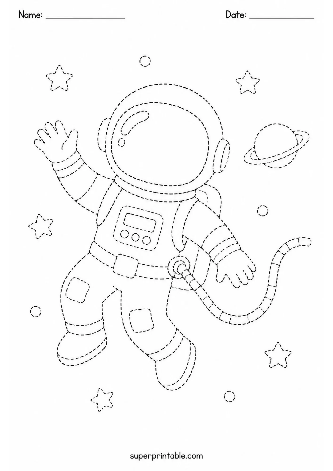 Space planets activity worksheets featuring a floating astronaut tethered near stars.