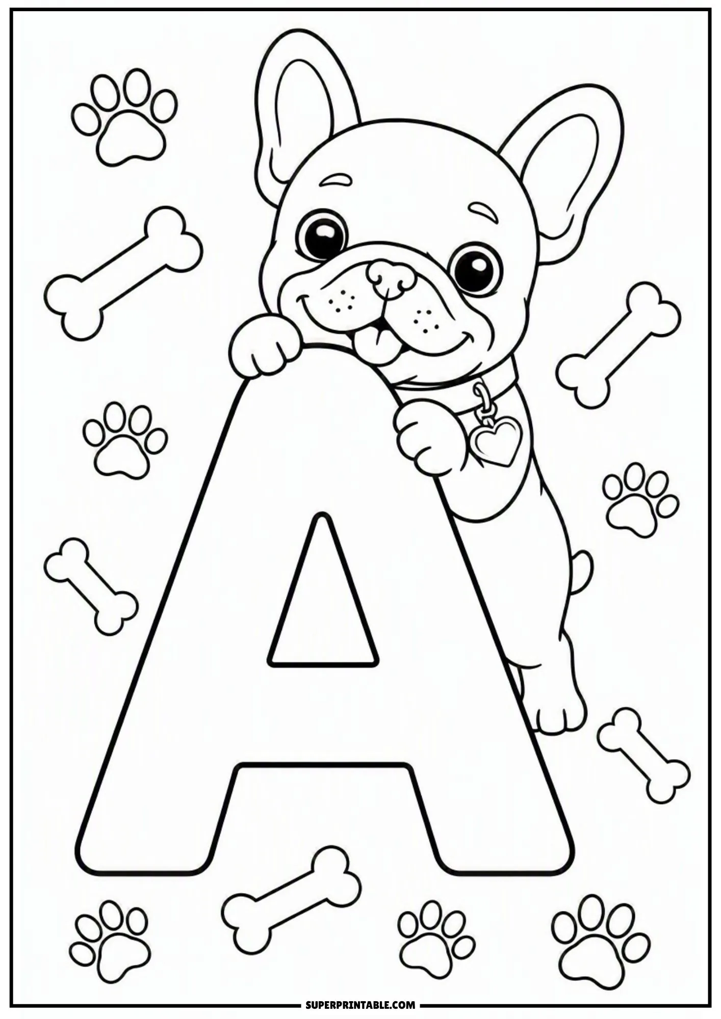 French bulldog coloring pages featuring cute puppy beside a large capital letter A.