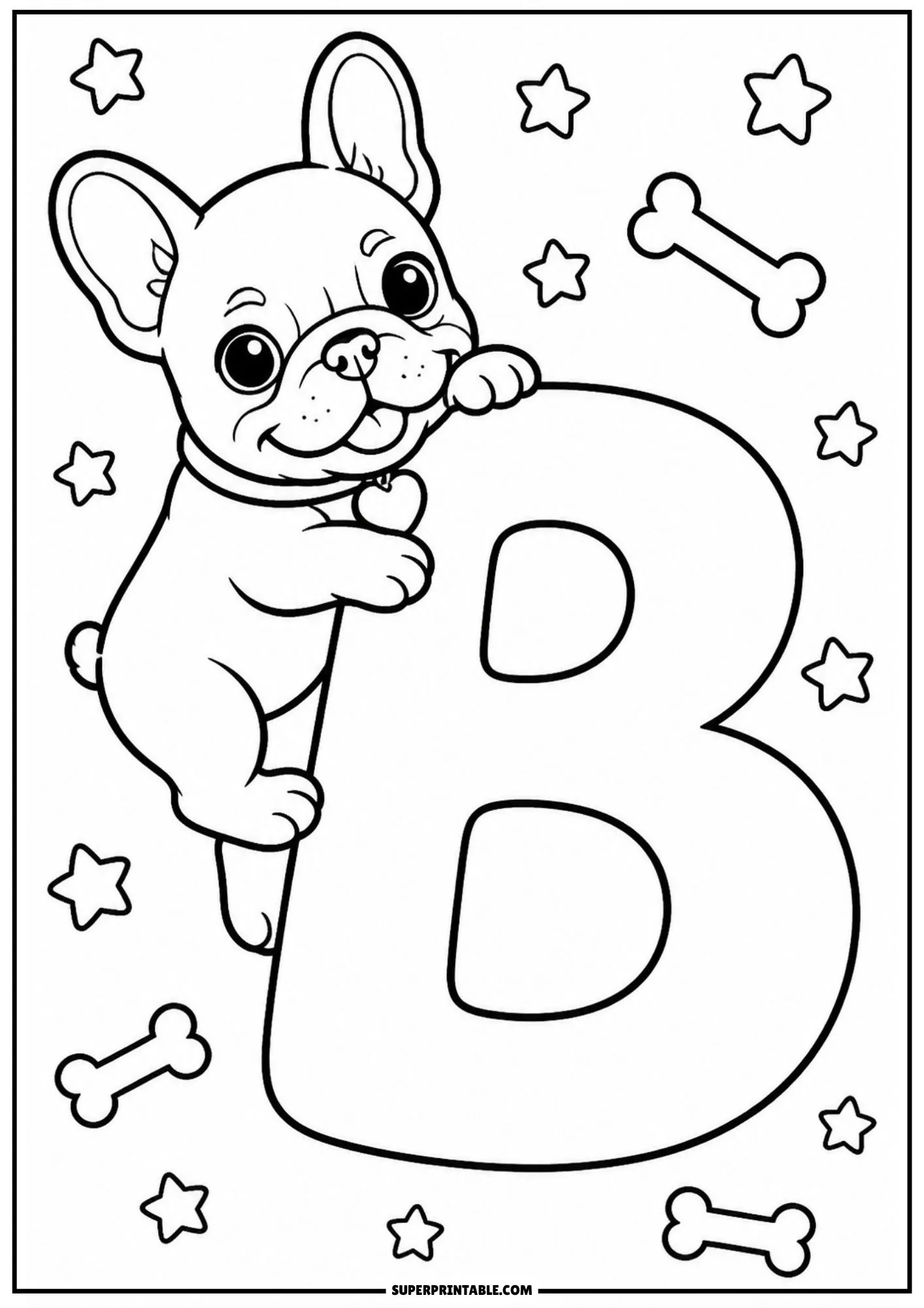 Adorable line drawing of a French bulldog puppy clinging to a large letter B.