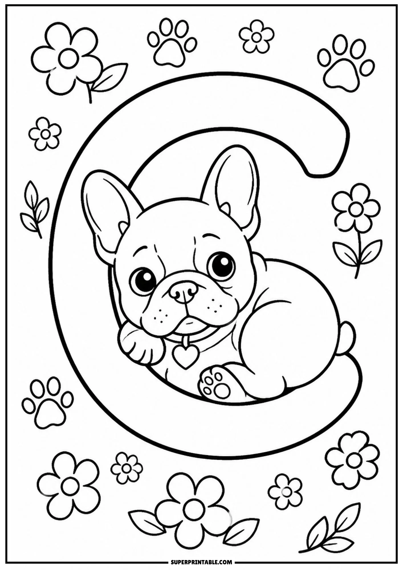 Sweet line drawing of a French bulldog puppy lying cozy inside a letter C curve.