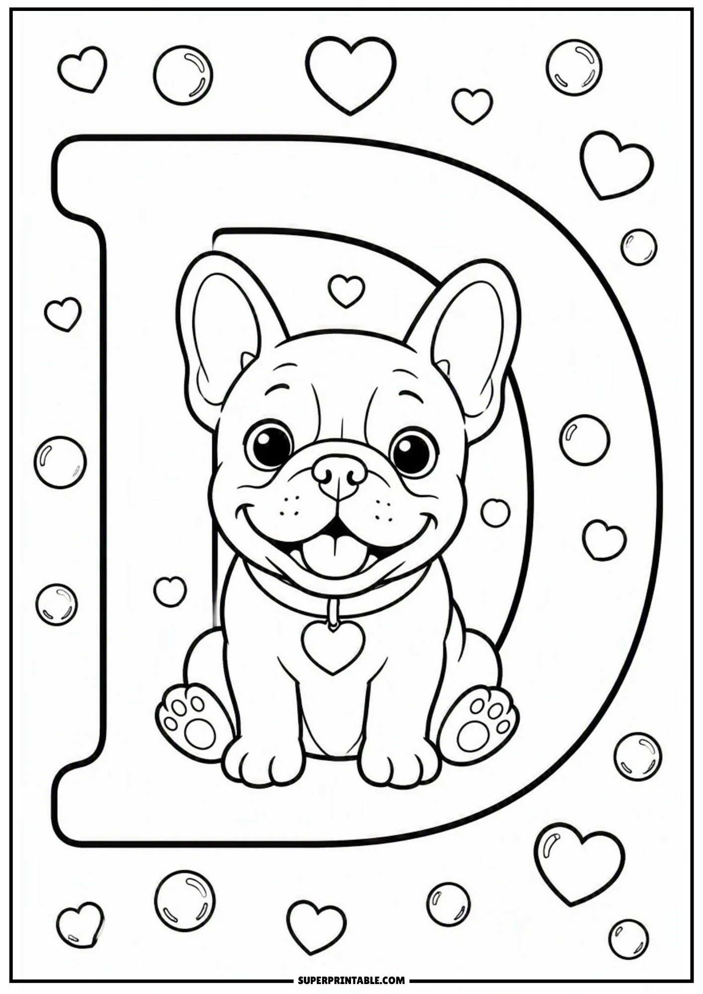 Line art illustration of a cheerful French bulldog pup sitting inside letter D.