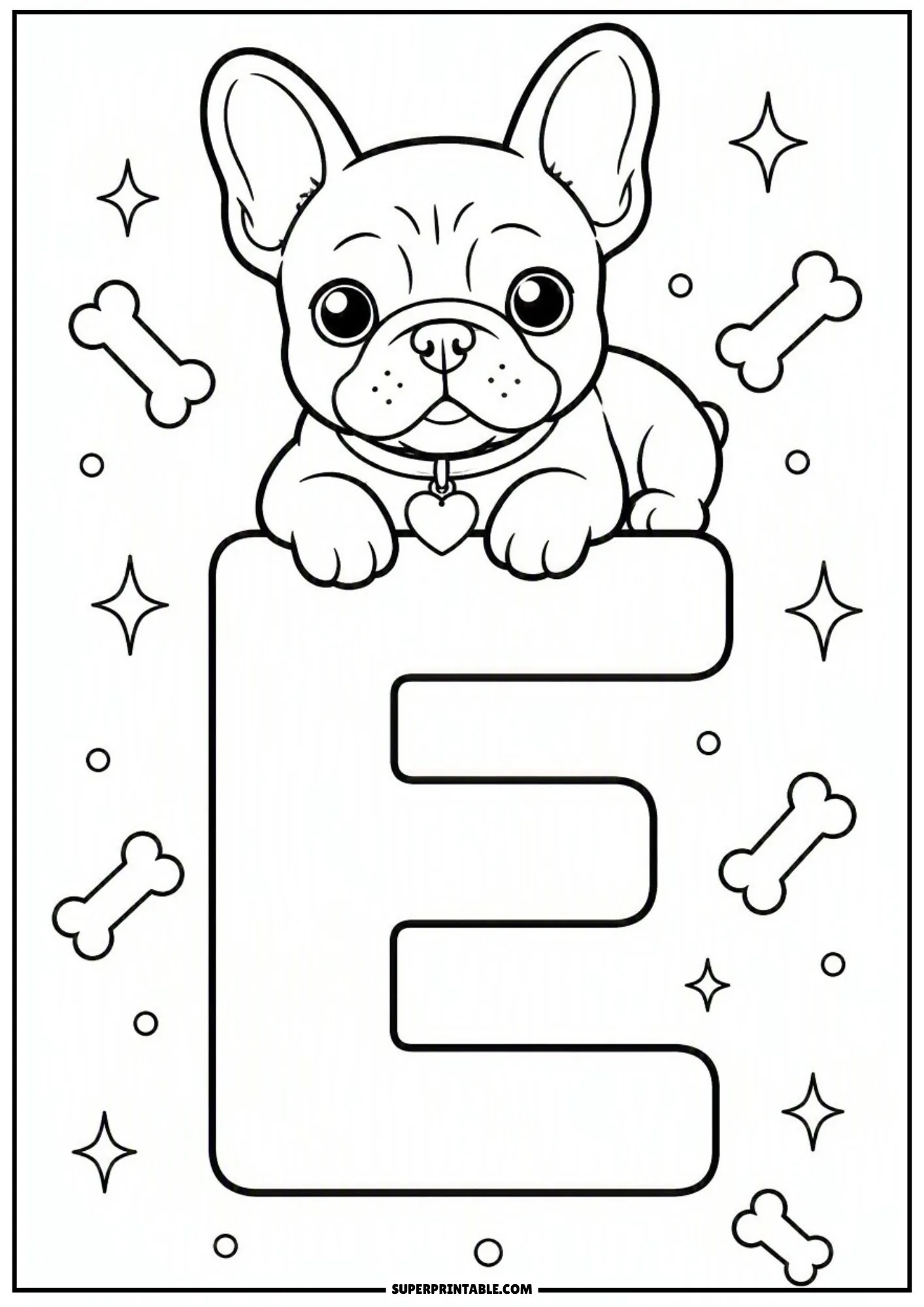 Outline illustration of a French bulldog puppy leaning on top of letter E.