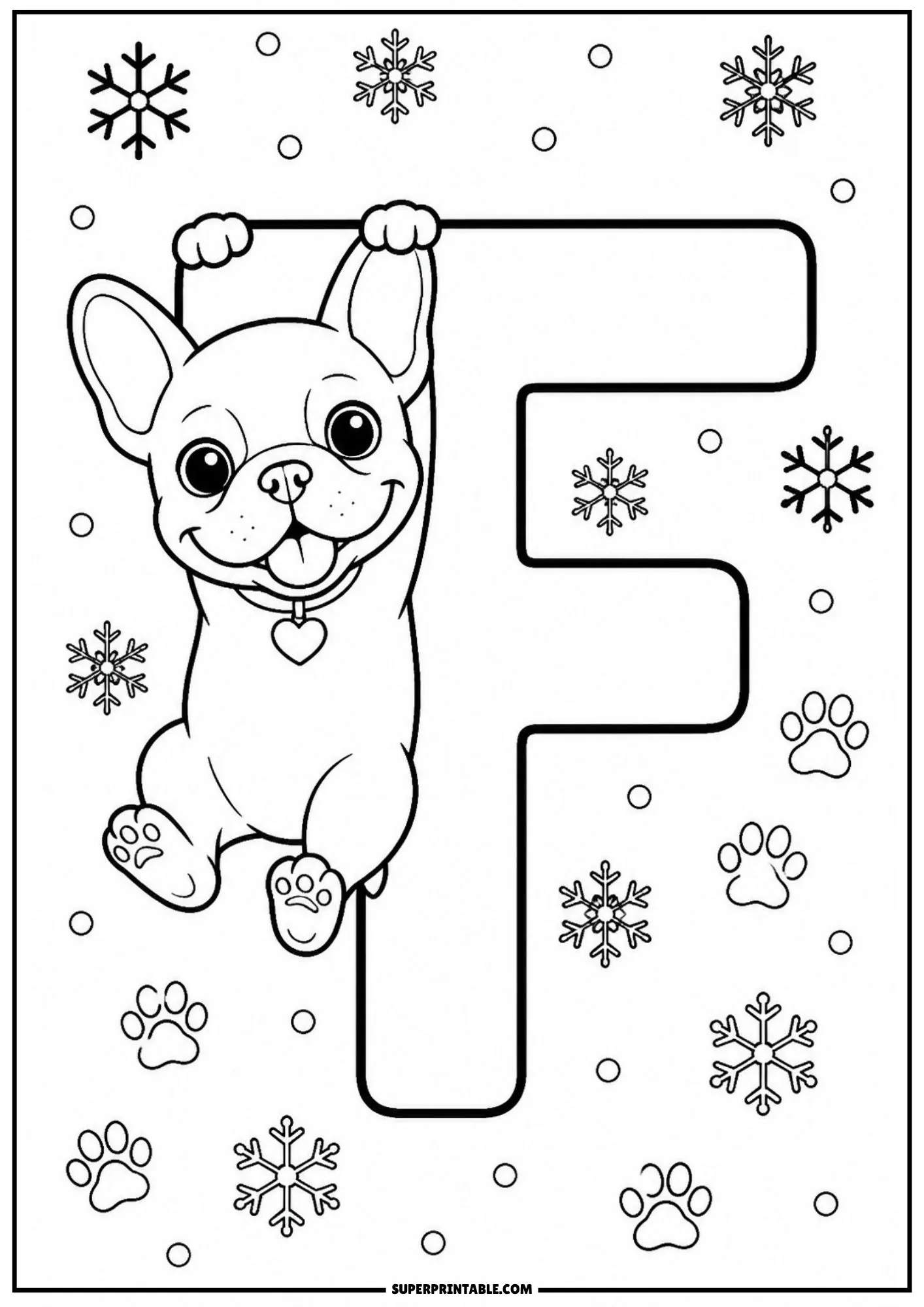 Fun line drawing of a French bulldog puppy hanging from the top of letter F.