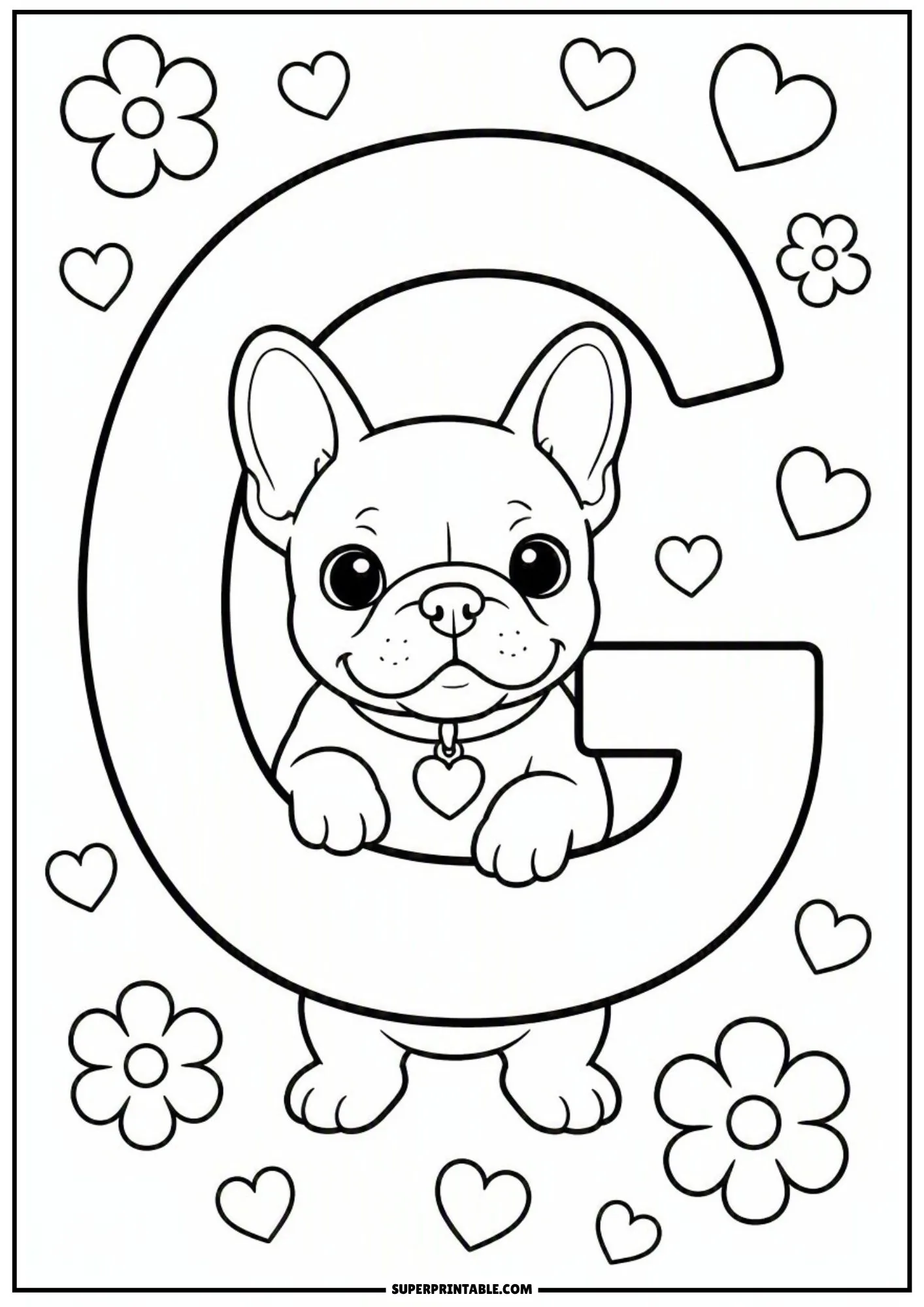 Line art showing a French bulldog puppy standing inside the curve of letter G.